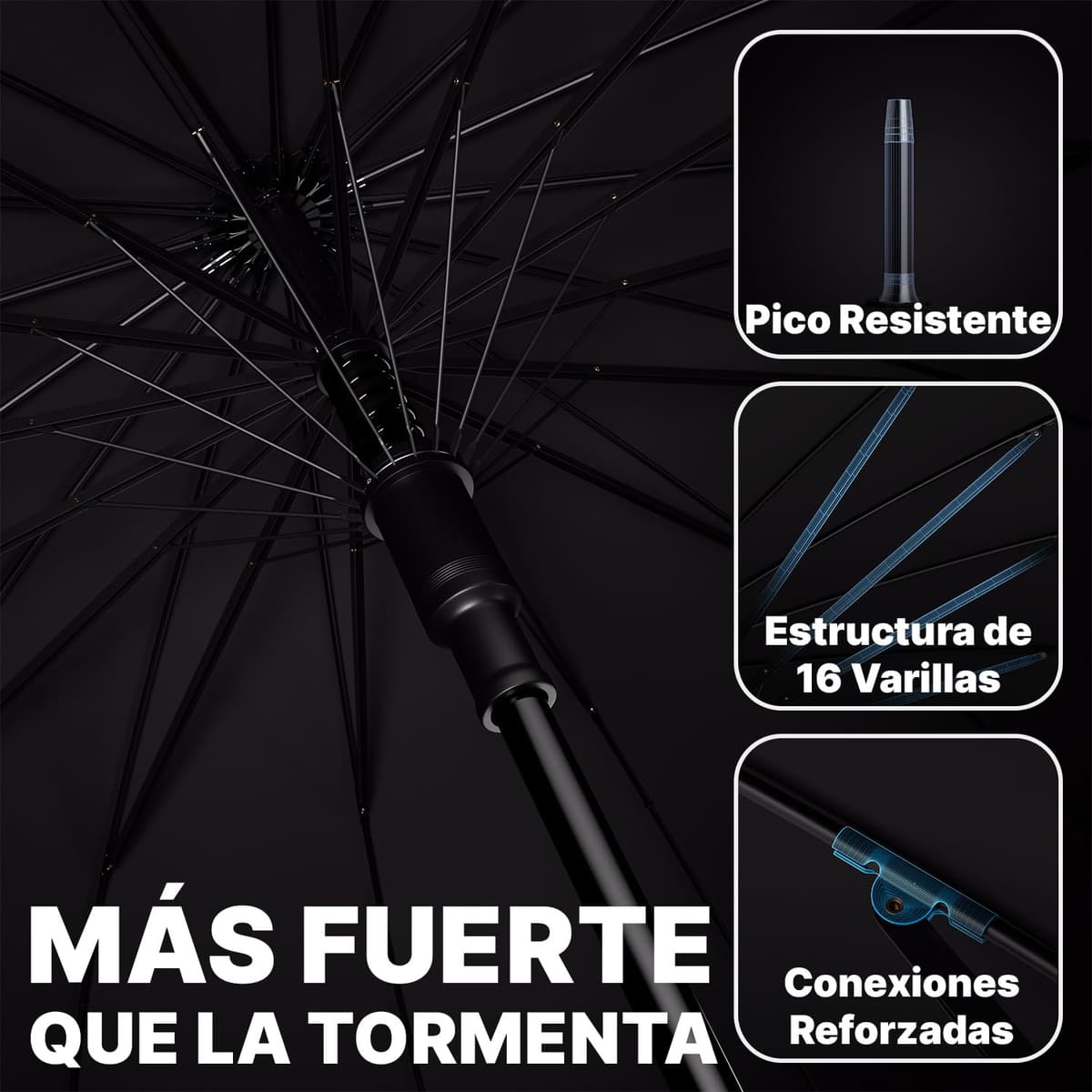 Royal Walk Paraguas Grande XXL Antiviento para Hombre y Mujer Automático Abierto Para 2 Personas de 54 Pulgadas Negro Paraguas Resistente al Viento de Golf Originale Impermeable 16 Varillas 120cm — view 4