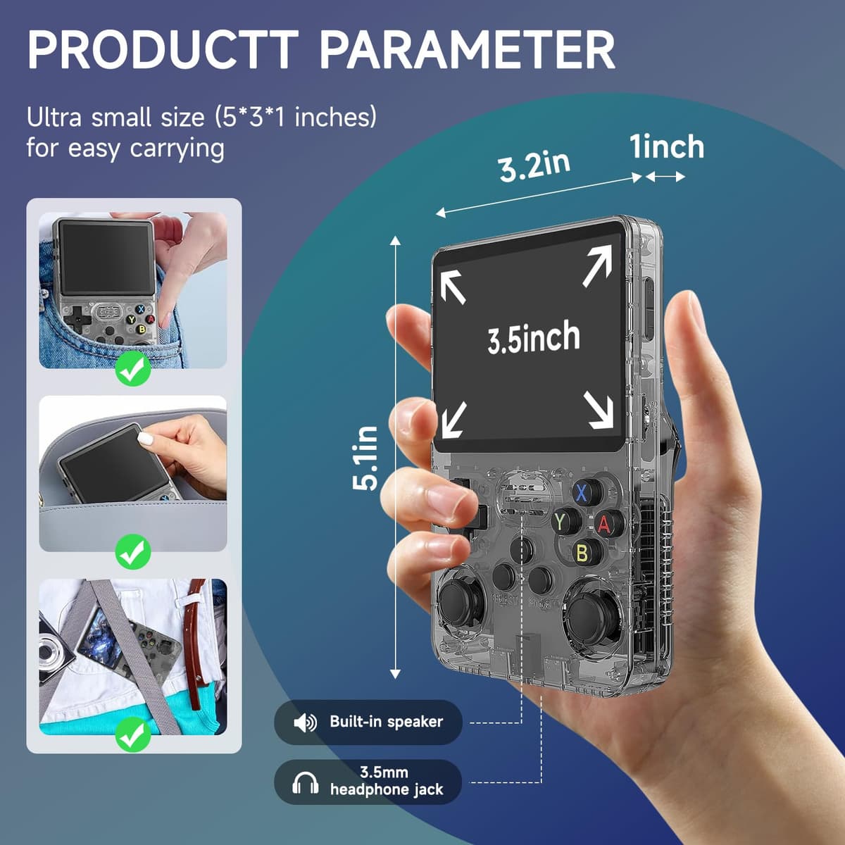 R36S Retro Handheld Games Console, 20,000+ Classic Games Portable Pocket Video Player with 3.5 Inch HD Screen, 64G TF Card, Open Source Linux System Screen for Teens and Adults (Black 64G) — view 2