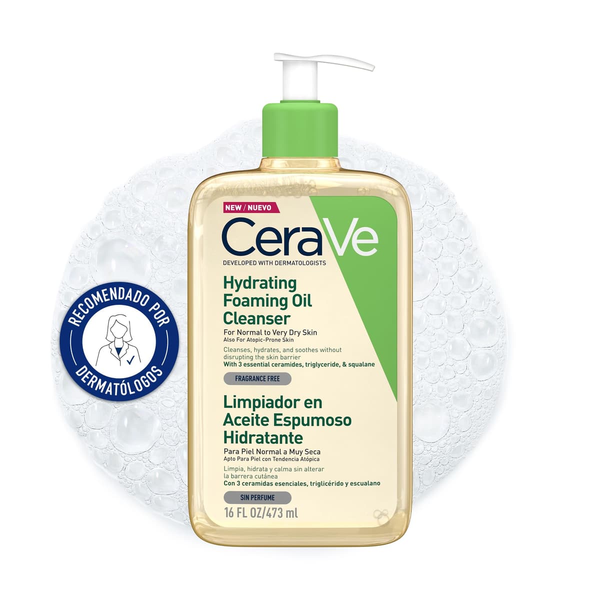 CeraVe Limpiador en Aceite Espumoso Hidratante, Para Pieles Normales a Muy Secas con Tendencia Atópica, Para Rostro y Cuerpo, Limpia e Hidrata, Enriquecido con Ácido Hialurónico, 473ml — view 2
