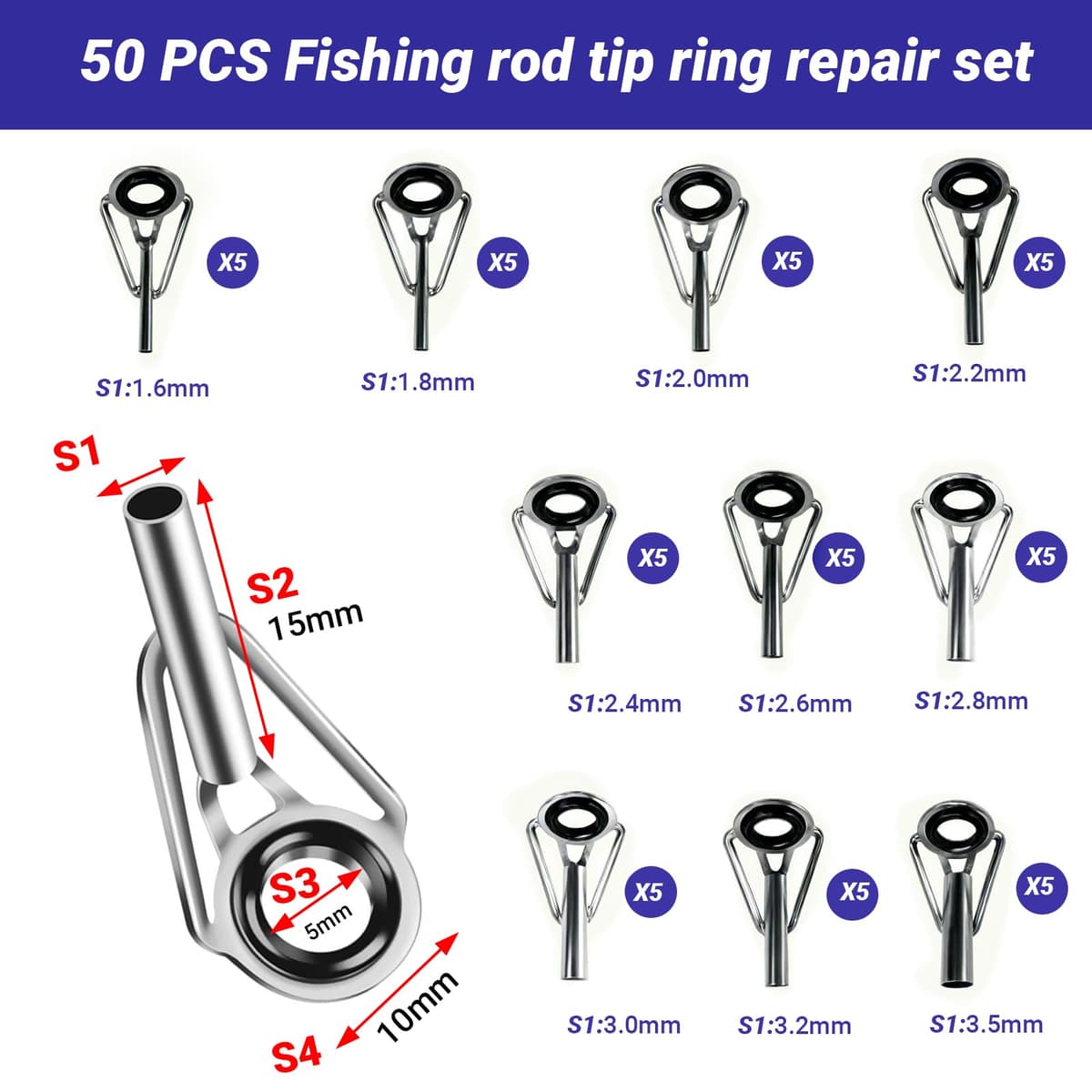 XINFAQAQ 50 Piezas Kit de Reparación de Punta de Caña de Pescar, 1,6-3,8mm Anillo de Punta de Caña de Pescar con Anillo de Cerámica 10 Tamaños para Pesca en Agua Salada y Dulce — view 2
