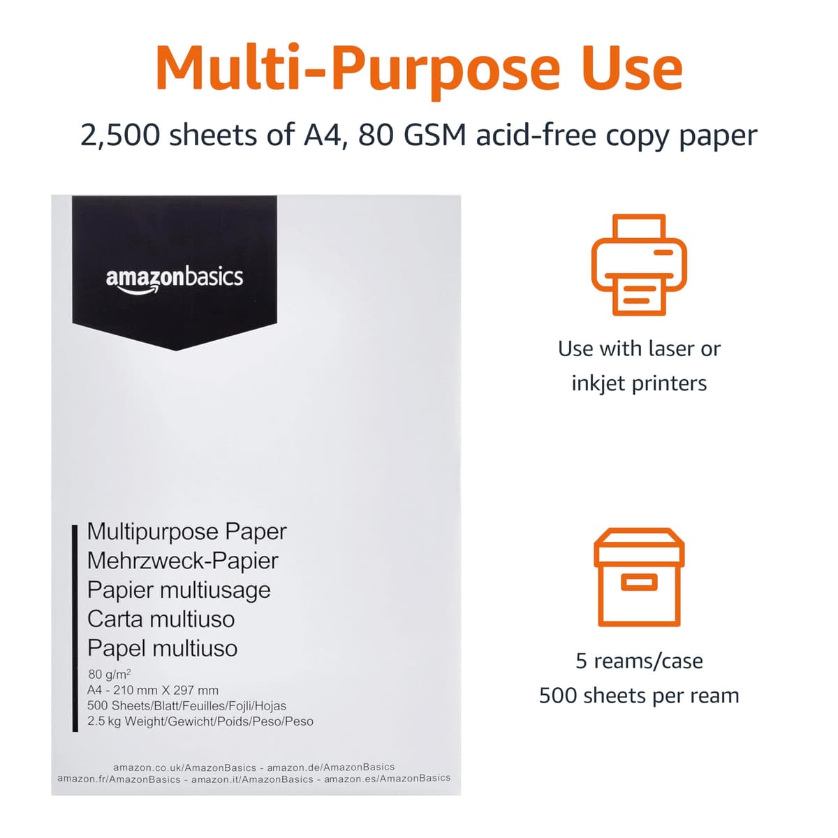 Amazon Basics Multi-Purpose Copy Printer Paper, A4 80 GSM, 2500 Count (Pack of 5), White — view 2