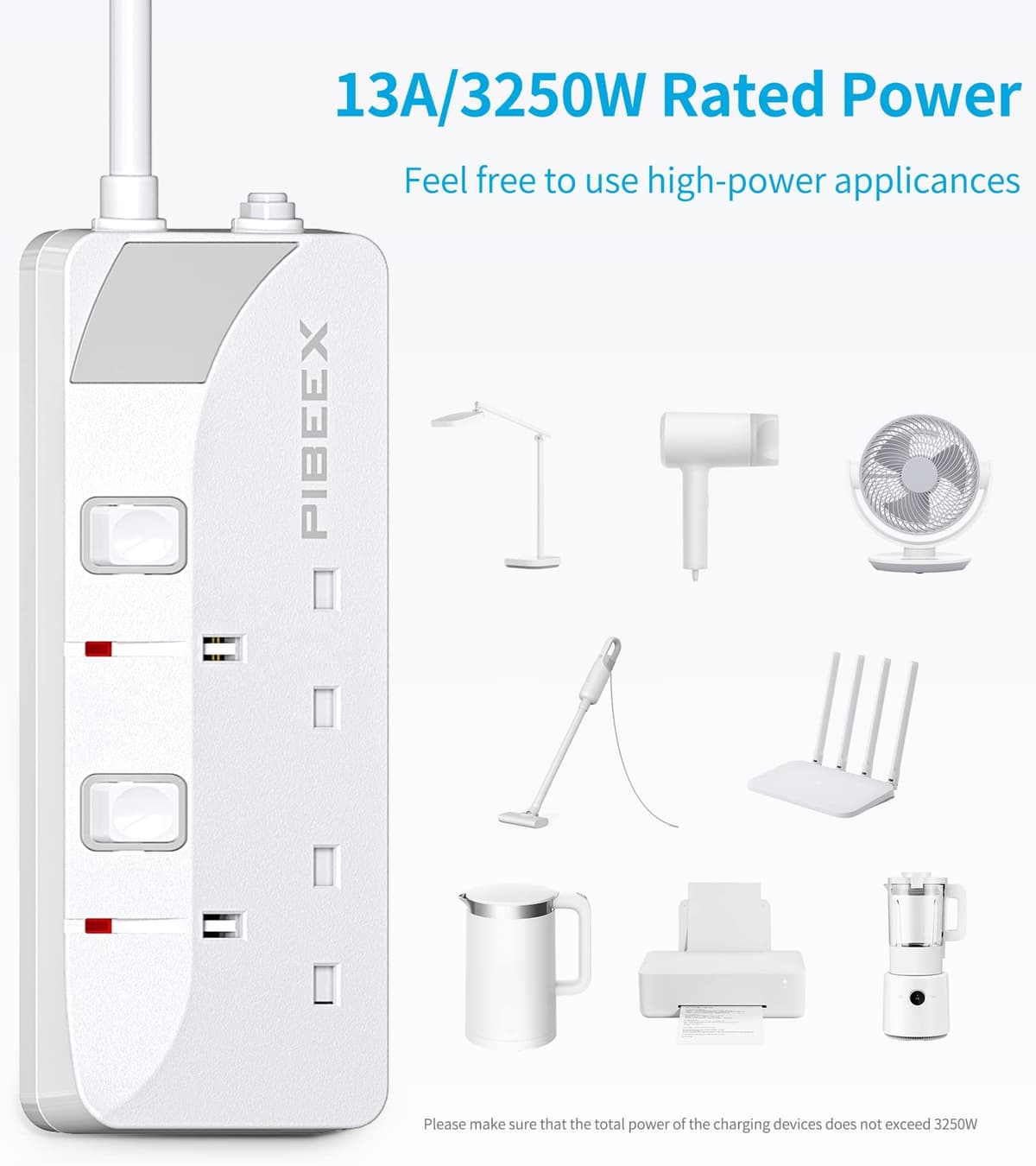 PIBEEX Extension Lead 2 Way Plug Sockets with Individual Switches Wall Mountable Power Strip 1.5M Extension Cable 13A Fused UK Plug 3250W — view 6