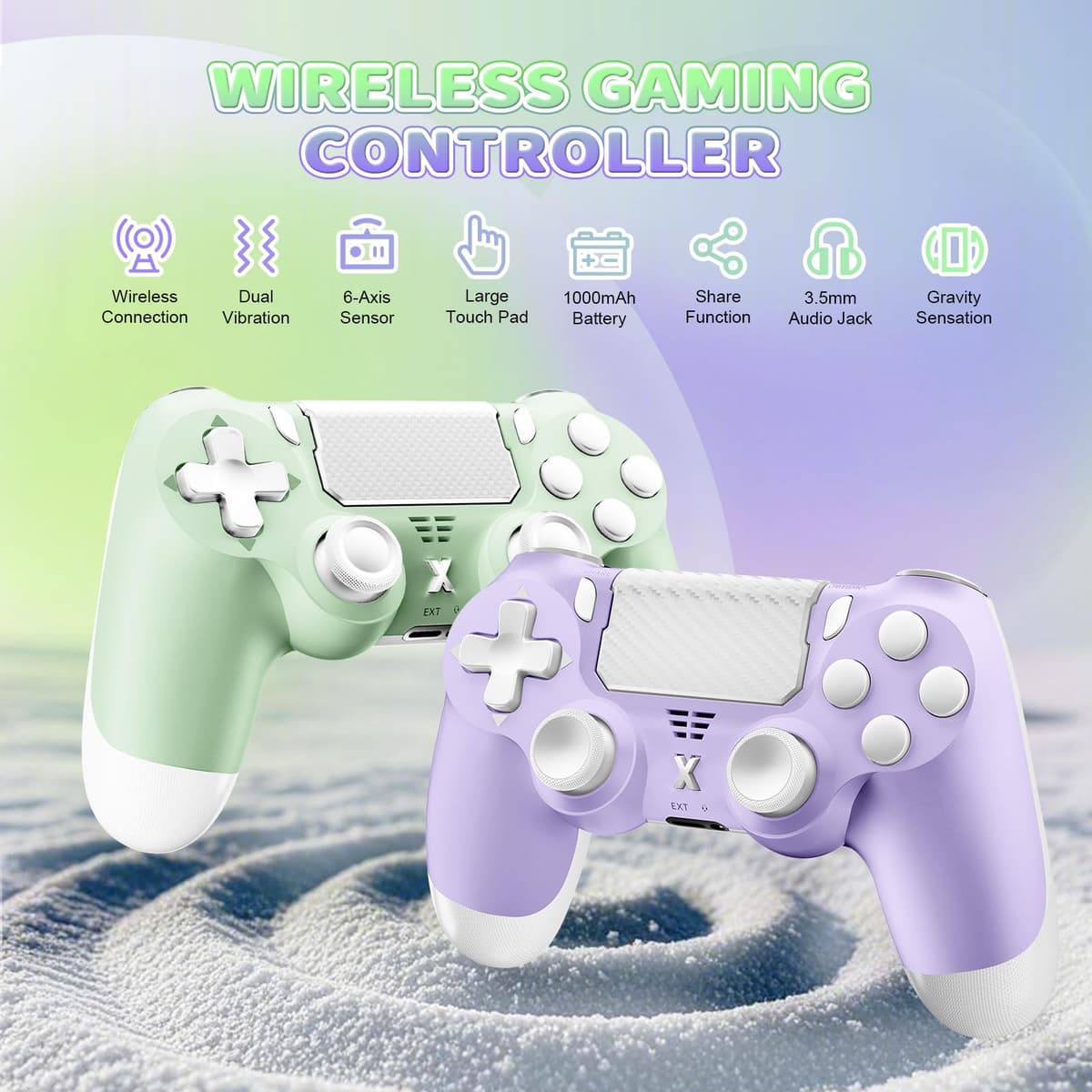 Wireless Controller for PS-4, Game Controller for PS-4/Slim/Pro/PC, Bluetooth Gamepad Joystick with Vibration Touch Panel, Upgraded Six-Axis Sensor, 3.5mm Audio Jack (Light Purple+Light Green) — view 2