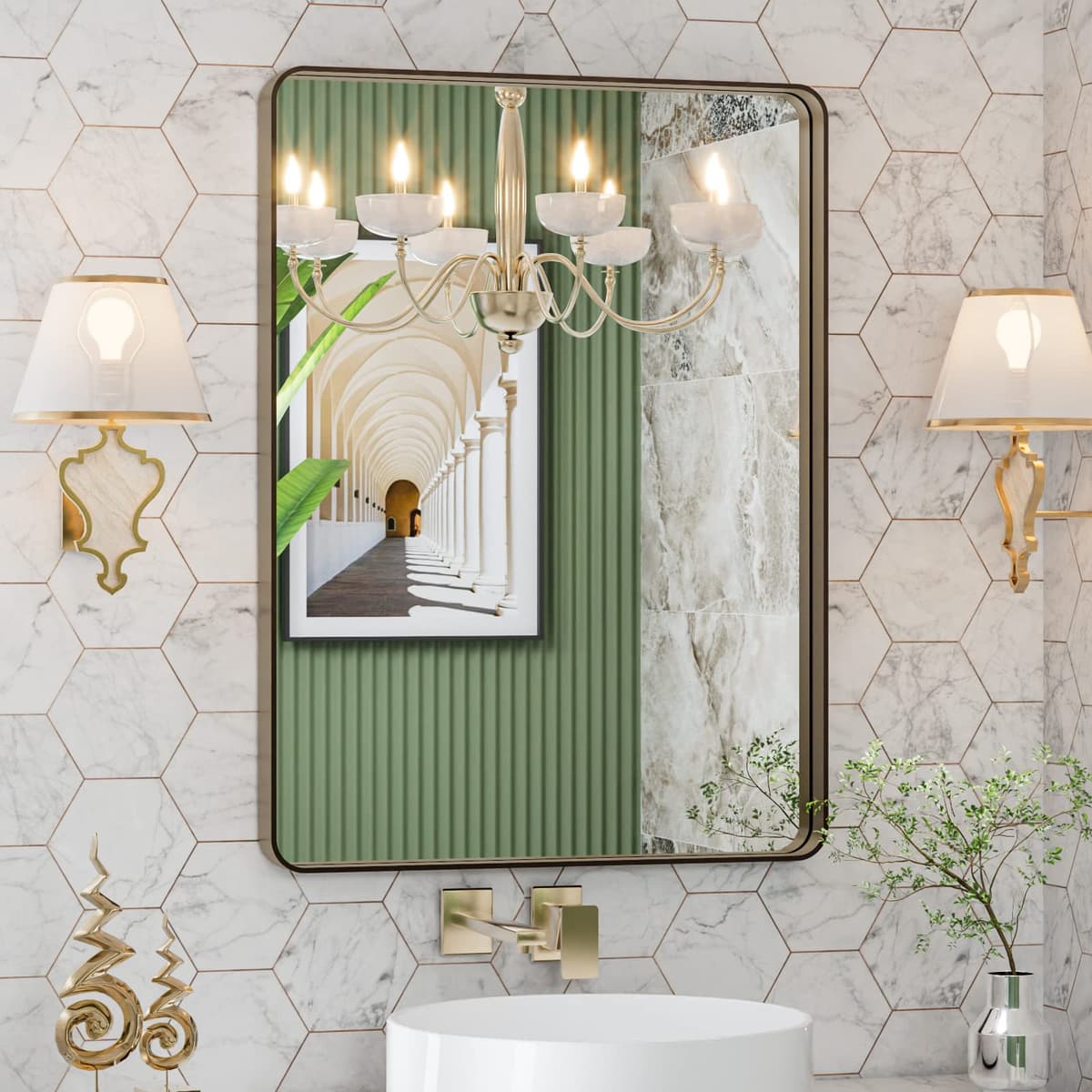 LOAAO 48”X36” Gold Bathroom Mirror, Rounded Rectangle Gold Frame Mirror, Brushed Gold Bathroom Vanity Mirror Wall-Mounted, Anti-Rust, Tempered Glass, Hangs Horizontally or Vertically — view 35