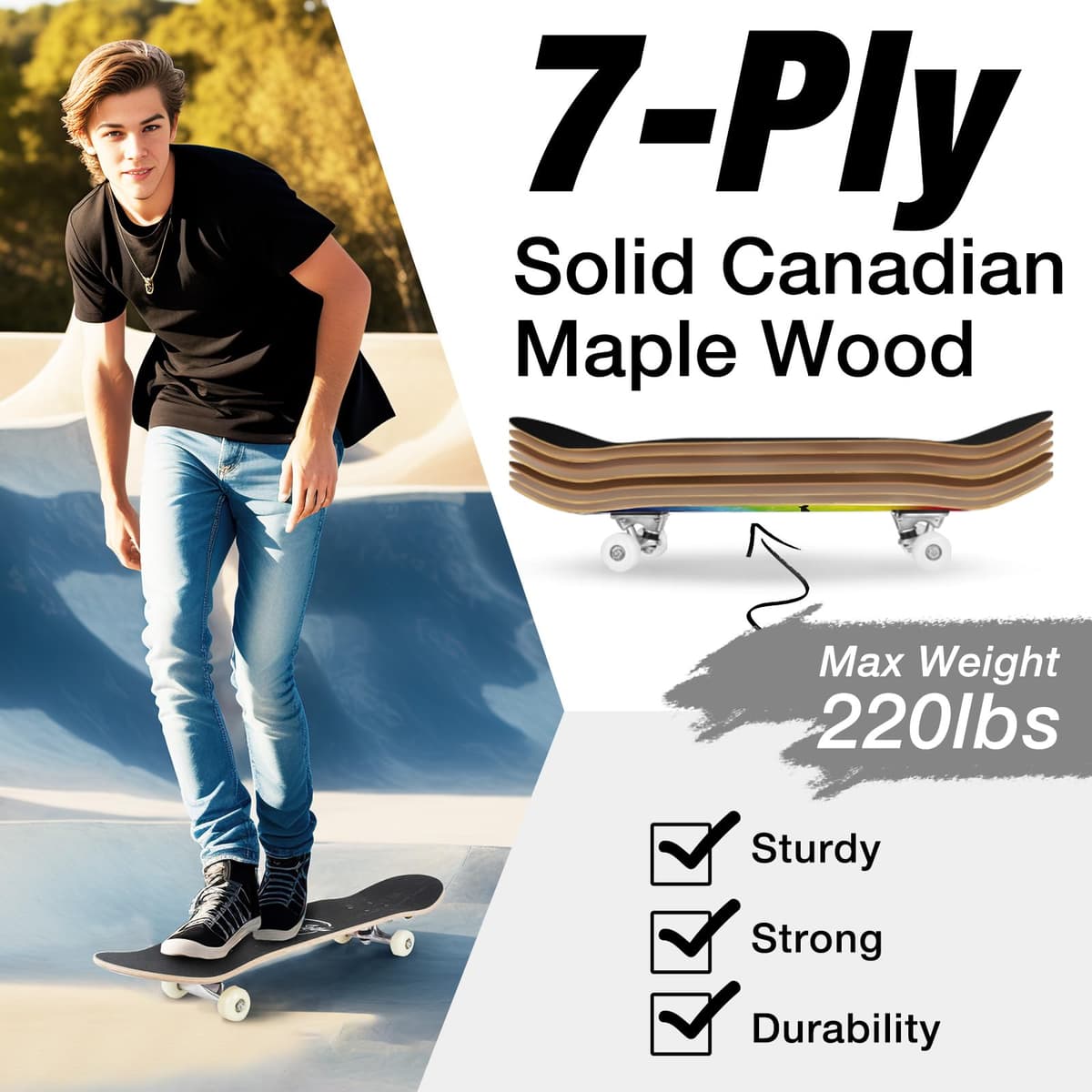 BELEEV Skateboards 31x8 para Principiantes, Niños, Adolescentes y Adultos, Completo Pro Cruiser Skateboard para Niña Niño, Arce Canadiense de 7 Capas, Doble Bandeja Cóncava, con Herramienta en T — view 2