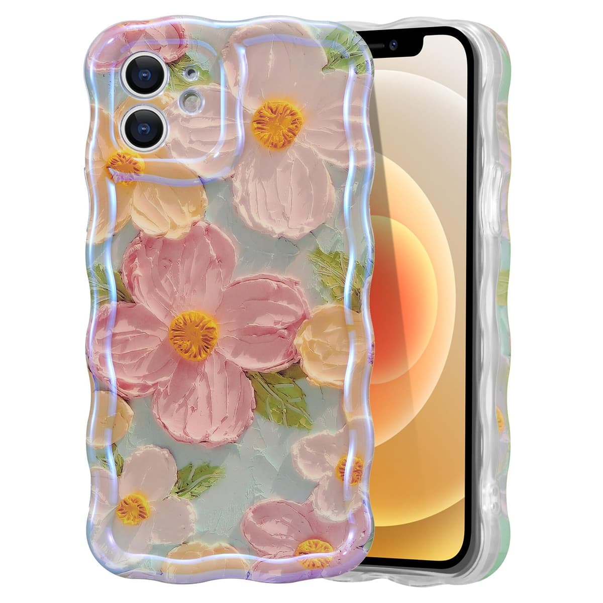 EYZUTAK Case for iPhone 16, Colorful Retro Oil Painting Printed Flower Laser Glossy Pattern Cute Curly Wave Edge Exquisite Phone Cover Stylish Durable TPU Protective Case for Girl Women-Green — view 29