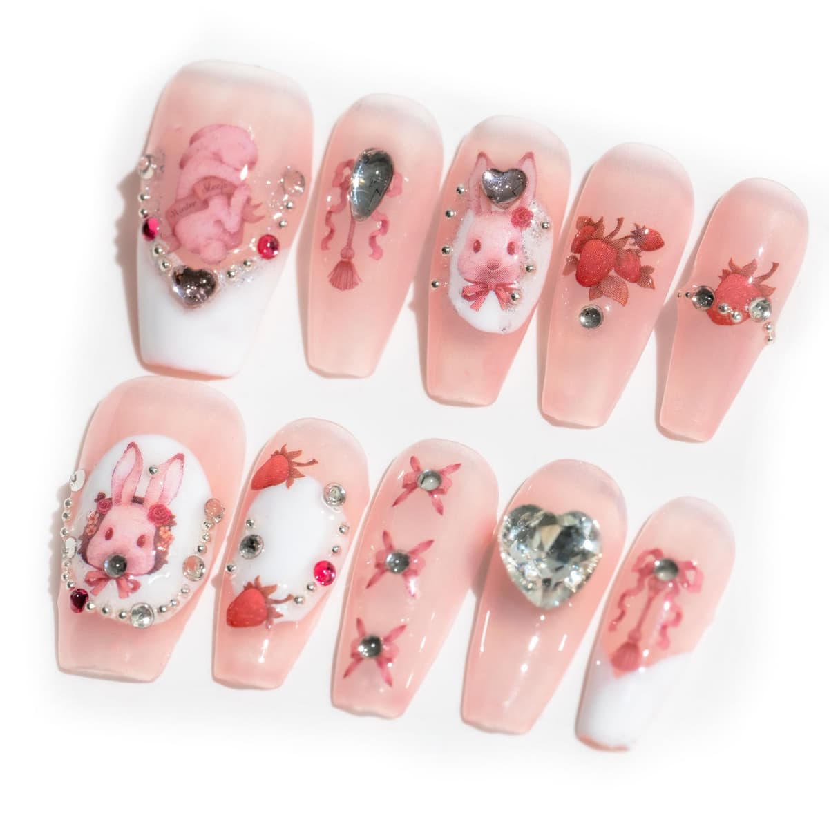 Sun&Beam Nails Handmade Press On Nail Long Coffin Ballerina Pink Flower Acrylic Fake Tip 3D Design Art Charms Cute with Storage Box 10 Pcs (S) — view 197