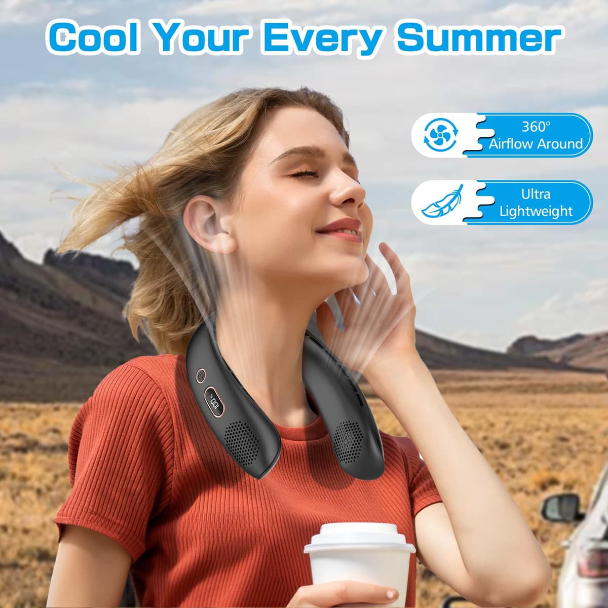 Ventilador de Cuello Portátil, Silencioso, con Flujo de Aire de 360°, Recargable por USB y 3 Velocidades. Ventilador sin Aspas Ideal para la Oficina, Viajes, Hogar Aire Libre (Negro) — view 3