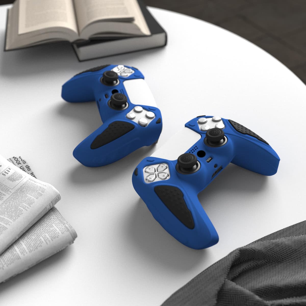 playvital Knight Edition Blue & Black Two Tone Anti-Slip Silicone Cover Skin for ps5 Controller, Soft Rubber Case for ps5 Wireless Controller with Thumb Grip Caps — view 4