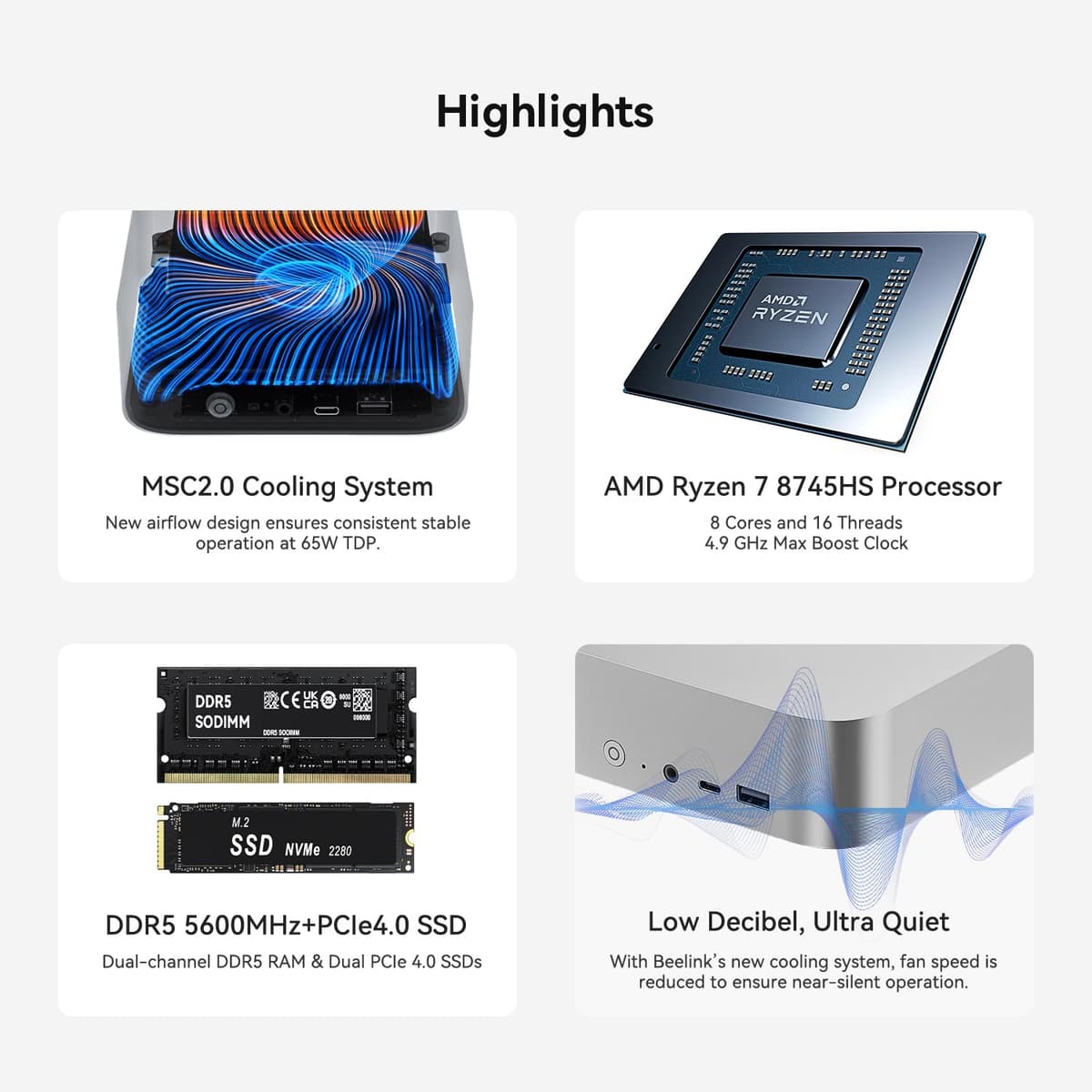 Beelink SER8 Mini PC, Procesador Ryzen 7 8745HS (8C, 16T, 4,9 GHz), 32 GB RAM DDR5, SSD de 1 TB, 12 núcleos gráficos a 2600 MHz, 4K@120Hz, USB4.0/USB3.2/DP/HDMI/LAN 2.5G/WiFi 6/BT 5.2/Gris — view 3