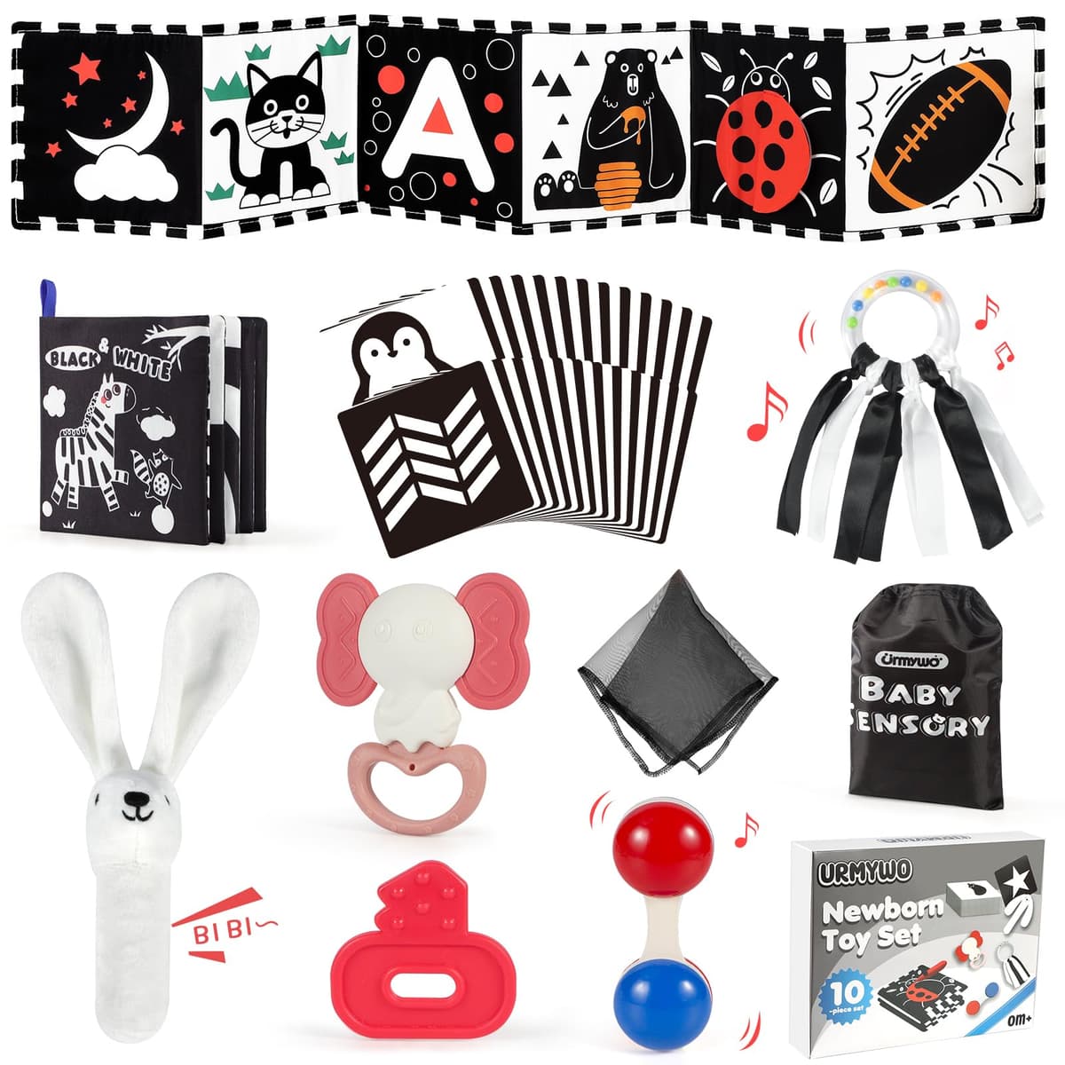 URMYWO Baby Toys 0-6 Months, Black and White Sensory Toys Brain Development, Tummy Time Toys, Soft Baby Book, Baby Essentials for Newborn 0-6-12 Months Montessori Toy Gifts — view 12