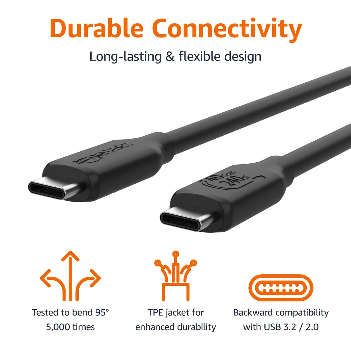 Amazon Basics USB-C to USB-C 4 Fast Charger Cable, 40 Gbps, 8K Video, 240W, USB-IF Cert, Thunderbolt 4/3 Compatible, for Apple iPhone 16/15, iPad, Samsung Galaxy, Tablets, Laptops, 1 m, Black — view 4