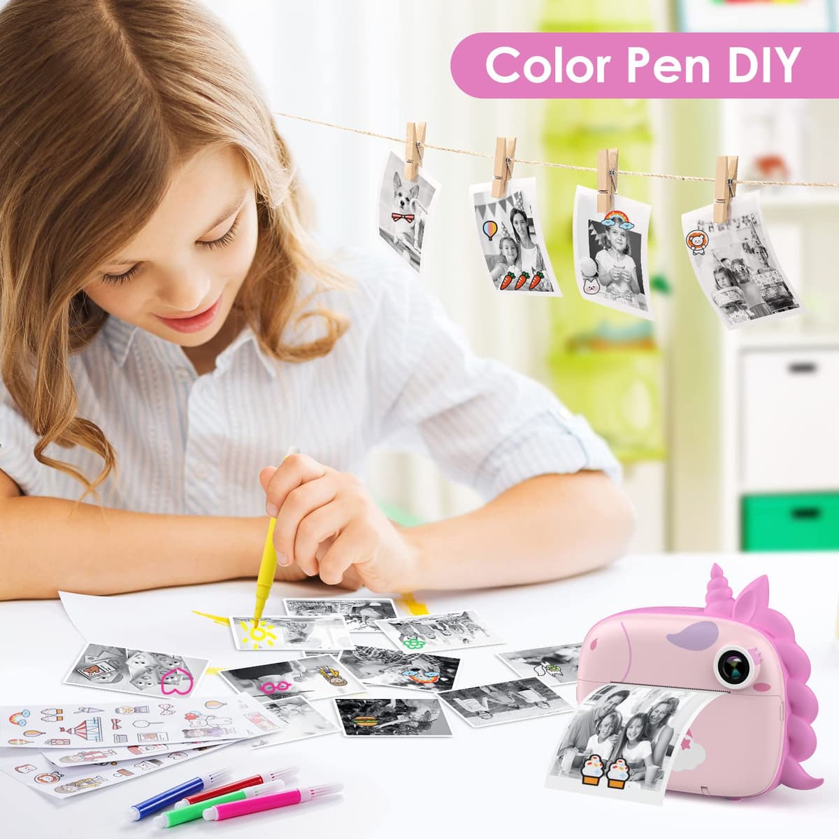 HiMont Kids Camera Instant Print, Digital Camera for Kids with No Ink Print Paper & 32G TF Card, Selfie Video Camera with Color Pens for DIY, Fun Gift for Girls Boys 3-14 Years Old (Pink) — view 5