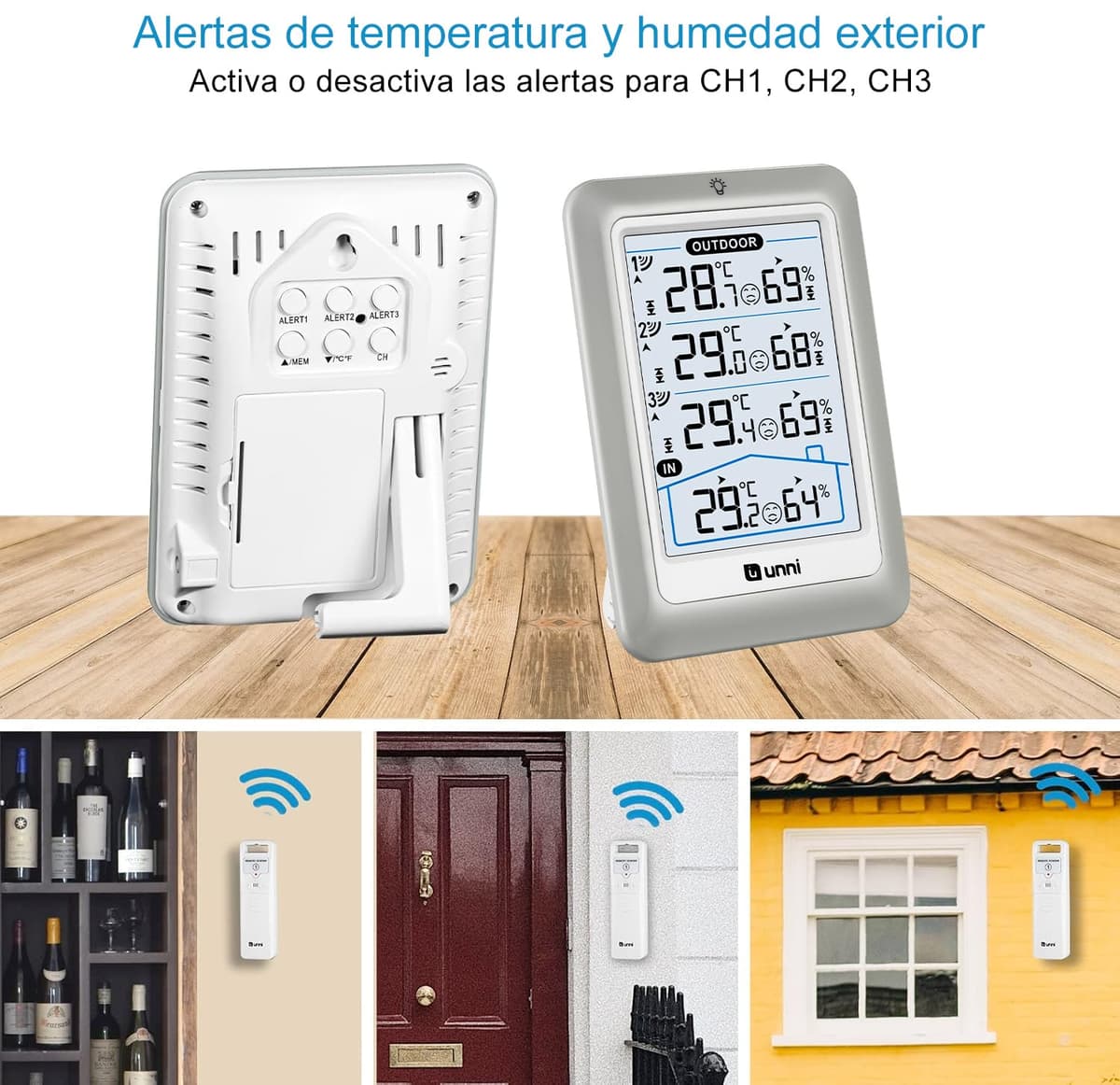 Termómetro inalámbrico para interiores y exteriores con 3 sensores, pantalla de 4.5 pulgadas, alcance de 100 m y retroiluminación Ajustable — view 5