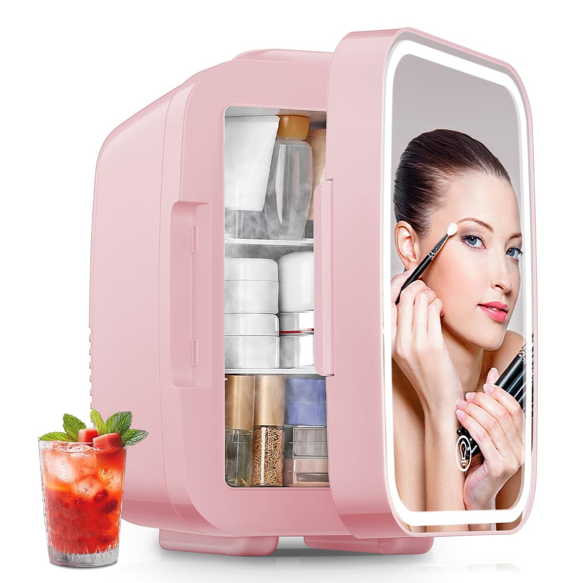 FOHERE Mini Fridge for Bedrooms, 5L/6 Can Portable Skincare Fridge with Dimmable LED Light Mirror, Cooler & Warmer for Food, Drinks and Cosmetic (Green) — view 10
