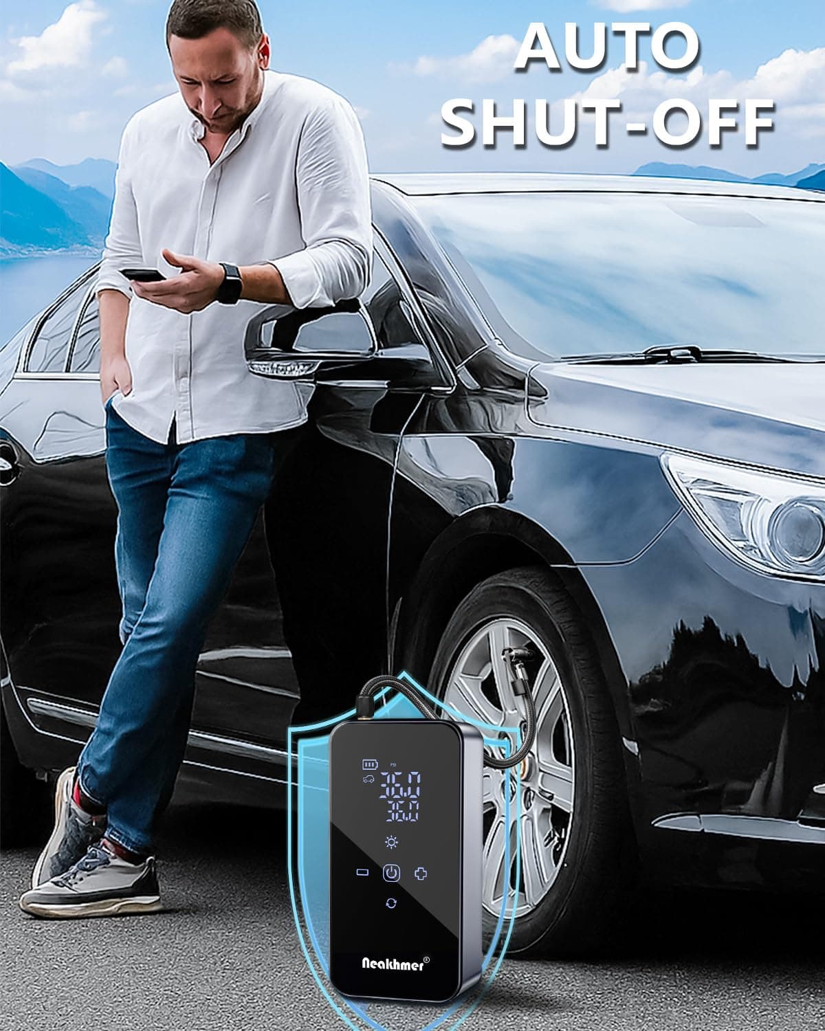 Inflador Ruedas Coche Hinchador Electrico: Mini Compresor Aire Portatil 150 PSI, con batería de 6000 mAh, Bomba Bicicleta 12 V con medidor de presión de neumáticos para Coche,Bicicleta y Motocicleta — view 4