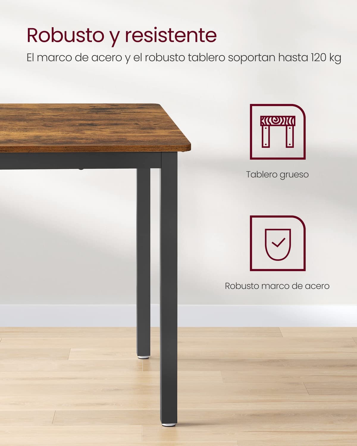 VASAGLE Dining Table, Kitchen Table, 70 x 110 x 77 cm, Dining Table for 4 People, Living Room Desk, for Dining Room, Kitchen, Industrial, Rustic Brown and Black KDT081B01 Rustic Brown + Black without Benches — view 4