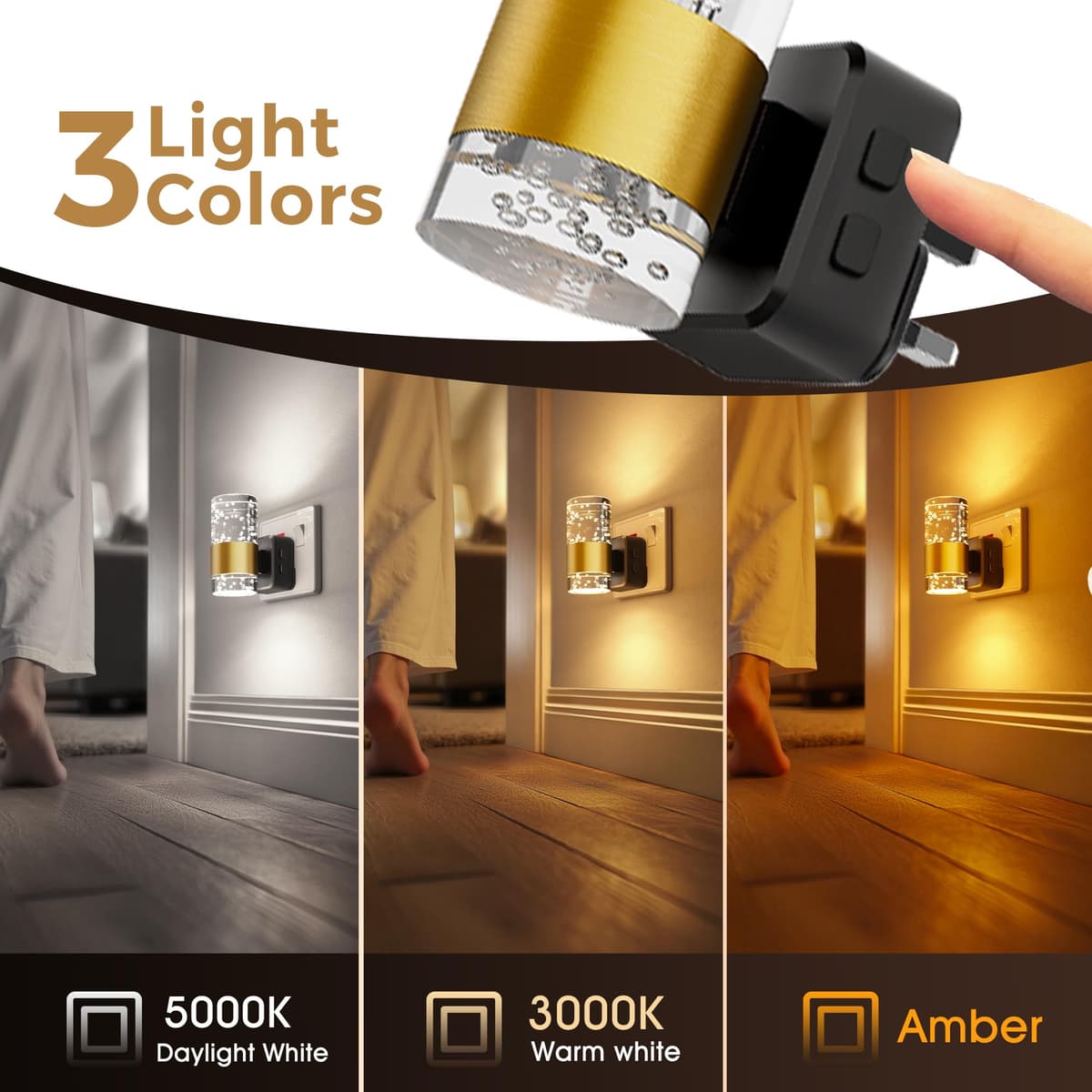 LOHAS-LED Night Light, Dusk to Dawn Sensor Night Light Plug in, Amber/3000k/5000K Adjustable Color Temperature, 3 Brightness Levels, Acrylic Modern Nightlight for Hallway, Stair, Bedroom,1 Pack — view 3