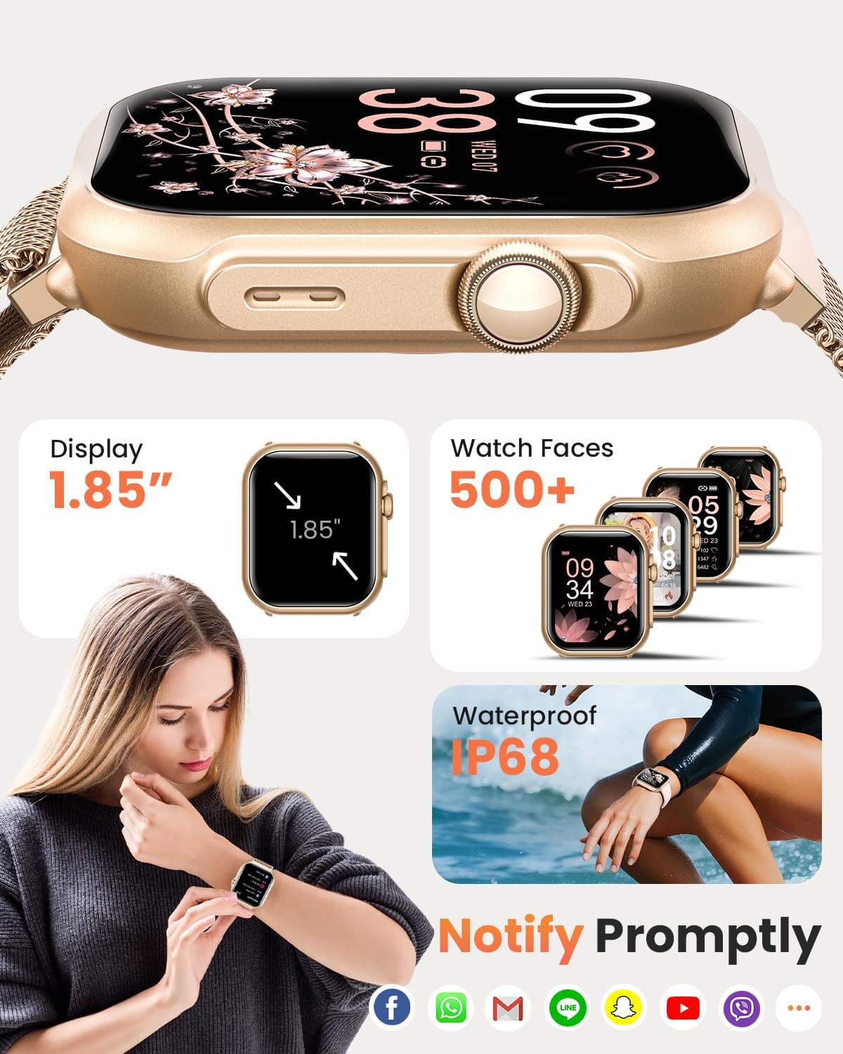 Reloj Inteligente Mujer con Autonomía 100 Días, 1000mAh Batería Grande, 1.83" Smartwatch Mujer con Llamadas, SpO2, Pulsómetro, Sueño, 120+ Modos Deportivos Calorías IP68 Podómetro Android iOS Rosa Oro — view 7