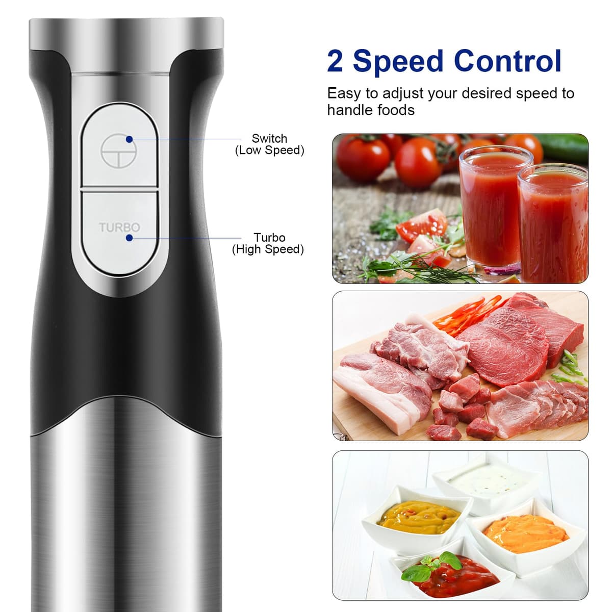 Batidora de Mano 1200W Eléctrica Multifuncionales 6-EN-1 con Picadora, Batidor de Huevos, Vaso Medidor, Pie Desmontable, Función Turbo Cuchilla de Acero Inoxidable — view 2