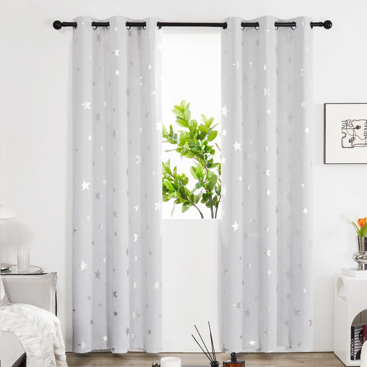 Deconovo Navy Blue Curtains for Living Room Super Soft Thermal Insulated Star Foil Printed Eyelet Blackout Curtains 46 x 54 Inch 2 Panels — view 39