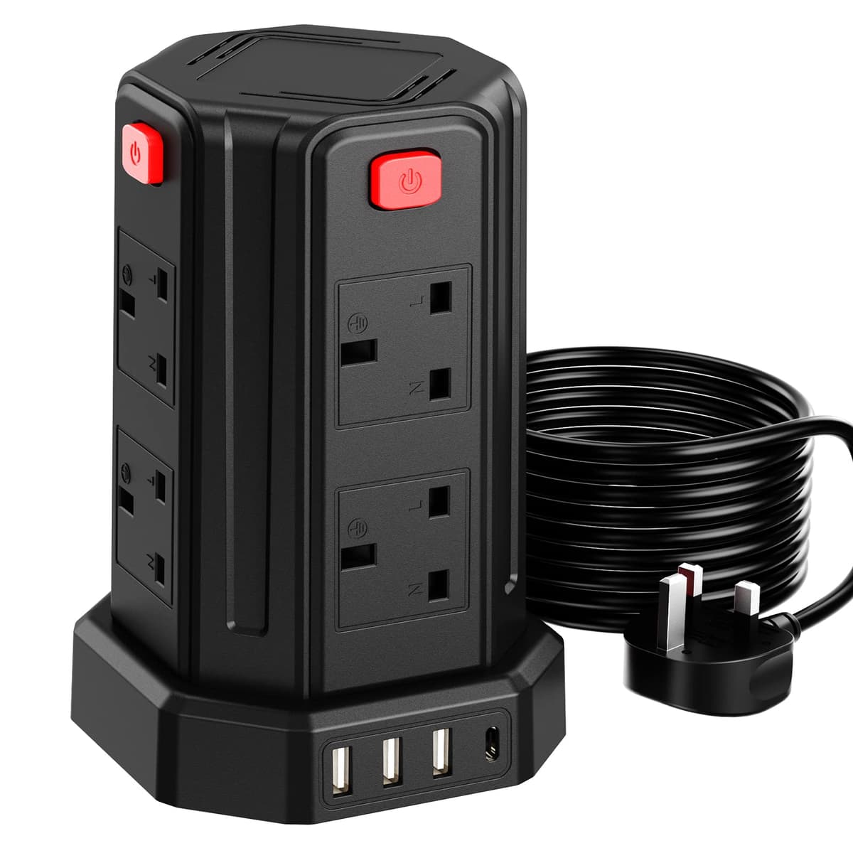 Tower Extension Lead 3M (3250W 13A) Extension Tower 8 AC Outlets & 4 USB Ports, Surge Protection Extension Lead with 4 Independent Switch, 17W USB C Ports Extension Cable 3M for Office, Home, Kitchen — view 11