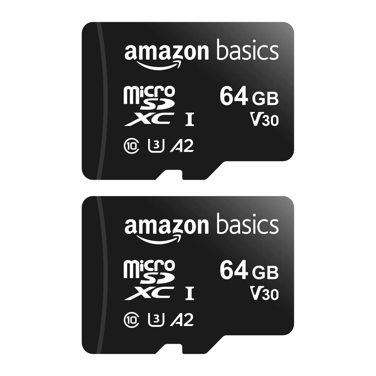 Amazon Basics Tarjeta de memoria microSDXC con adaptador de tamaño completo, A2, U3, velocidad de lectura de hasta 100 MB/s, 64 GB, negra (paquete de 2)