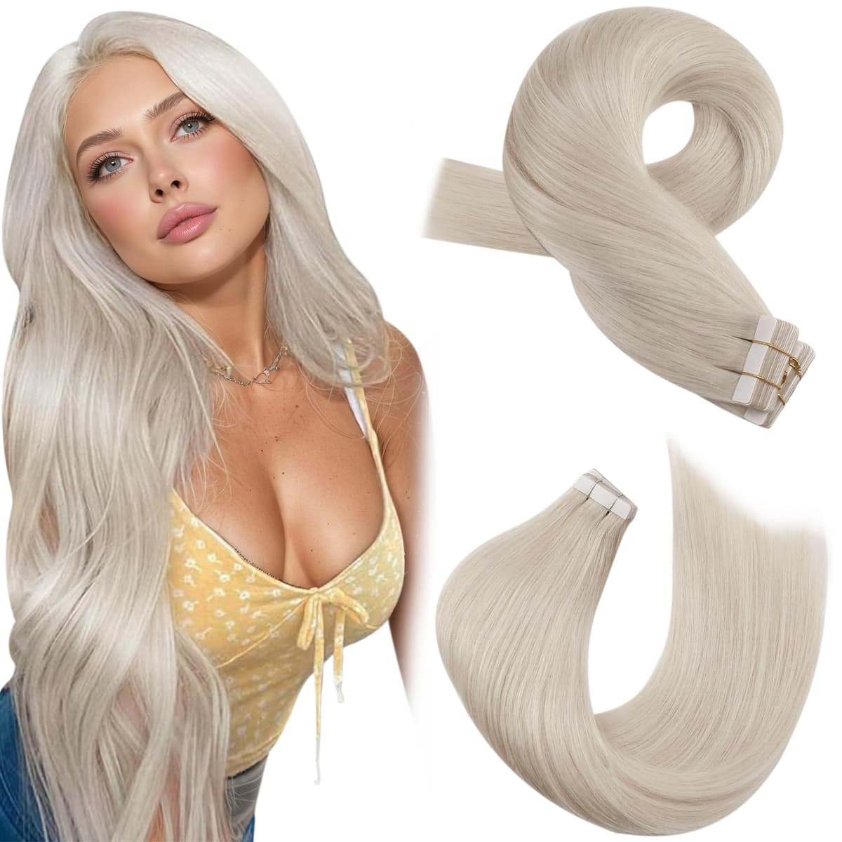 Moresoo Tape in Human Hair Extensions 20 Inch Highlight 50g/20pcs Tape in Hair Extensions Human Hair Ash Blonde with Platinum Blonde #P18/613 — view 44