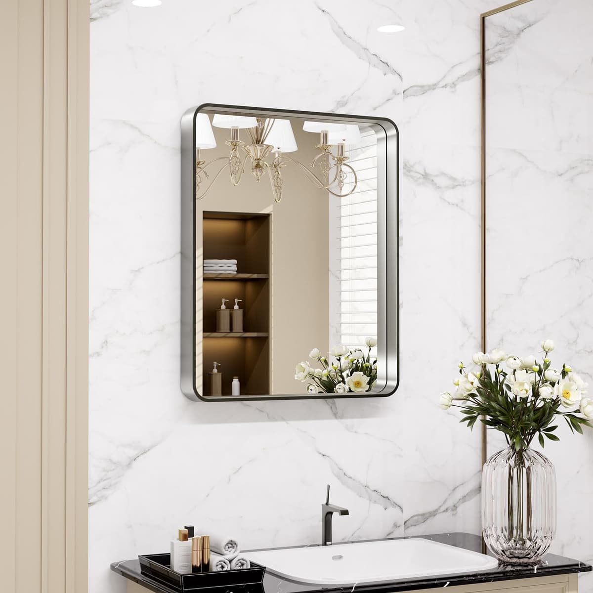 LOAAO 48”X36” Gold Bathroom Mirror, Rounded Rectangle Gold Frame Mirror, Brushed Gold Bathroom Vanity Mirror Wall-Mounted, Anti-Rust, Tempered Glass, Hangs Horizontally or Vertically — view 66