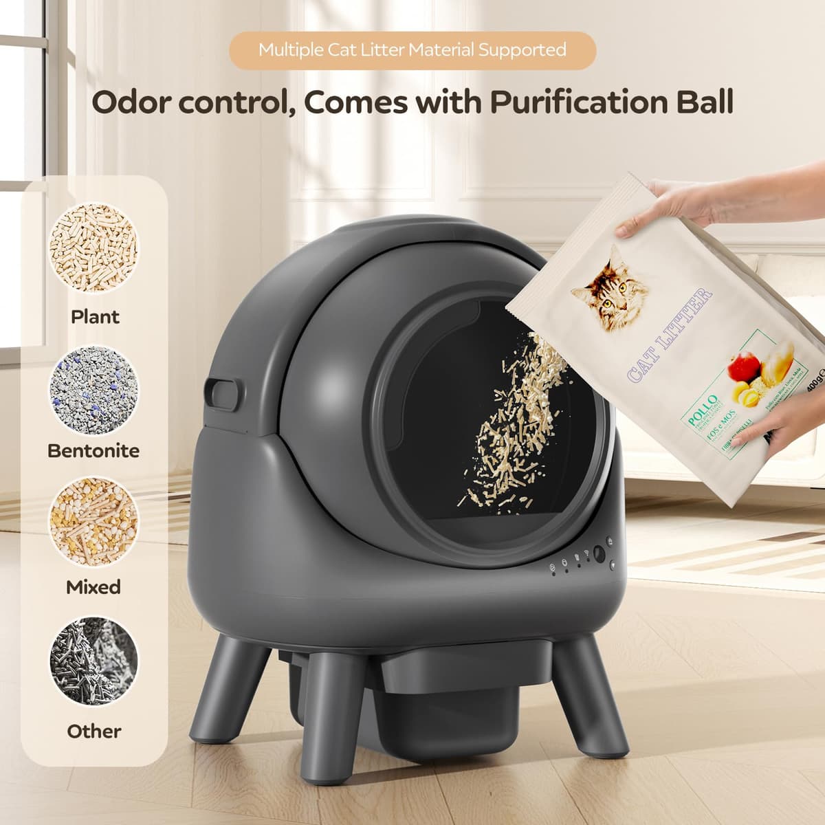Self-Cleaning Litter Box for Multiple Cats, Smart App-Controlled with Health Monitoring, 15-Day Odor-Free Capacity, Safe for Cats up to 18 lbs, B-Grey — view 2