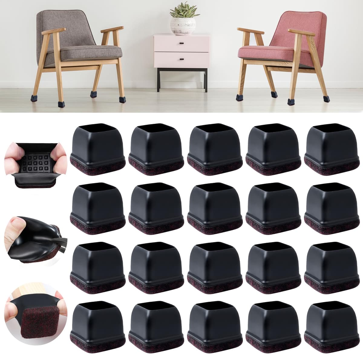Ezprotekt Protectores de Suelo Transparentes para Patas de Silla 20-28mm, 16 Tapones de Silicona con Fieltro Envuelto, Fundas de Silicona Redondo — view 44