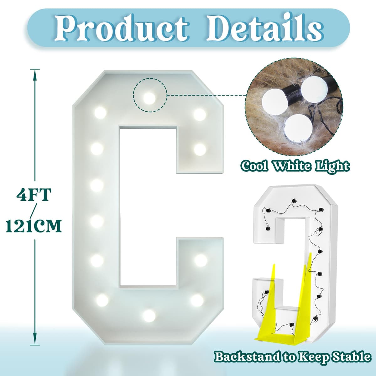 4FT Light Up Letters Birthday Decoration Large Letters C for Party Decorations Marquee Letters for Wedding Graduation Decorations Mosaic Arch Stand Pre-cut DIY Foamboard — view 5