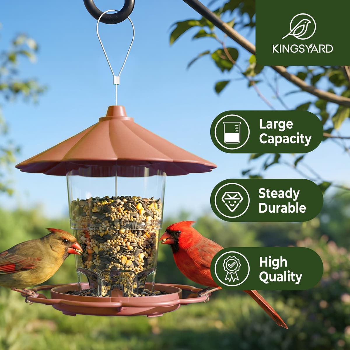 Kingsyard Bird Feeder for Outside Outdoors Hanging, Adjustable Hopper Feeders with Wide Seed Tray and Rainproof Roof, Wild Birds Feeder for Garden Backyard Decoration, 1 pack, Brown — view 2