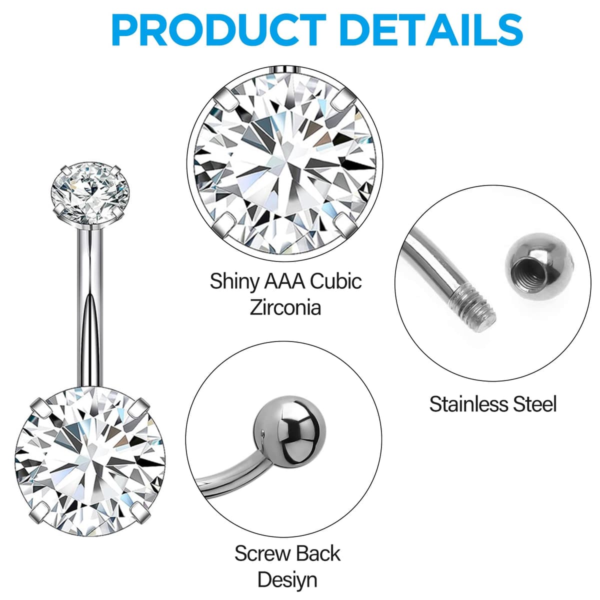 hautllaif 5pcs Belly Button Bars Sterling Silver,Belly Bar 14G Navel Bars,Dangly Belly Button Piercing Jewellery — view 3