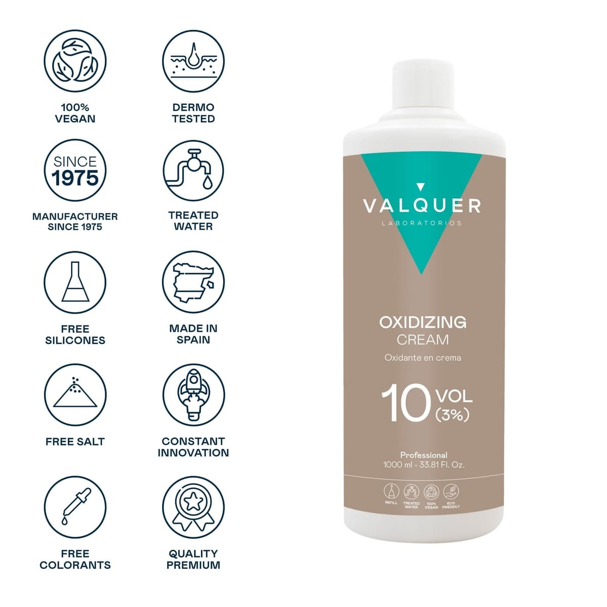 VALQUER Agua Oxigenada en Crema Estabilizada 10 Volúmenes 3% | Oxidante para Coloración Capilar Permanente y Decoloración | Vegano con Ingredientes de Origen Natural | Profesional | 1 L — view 2