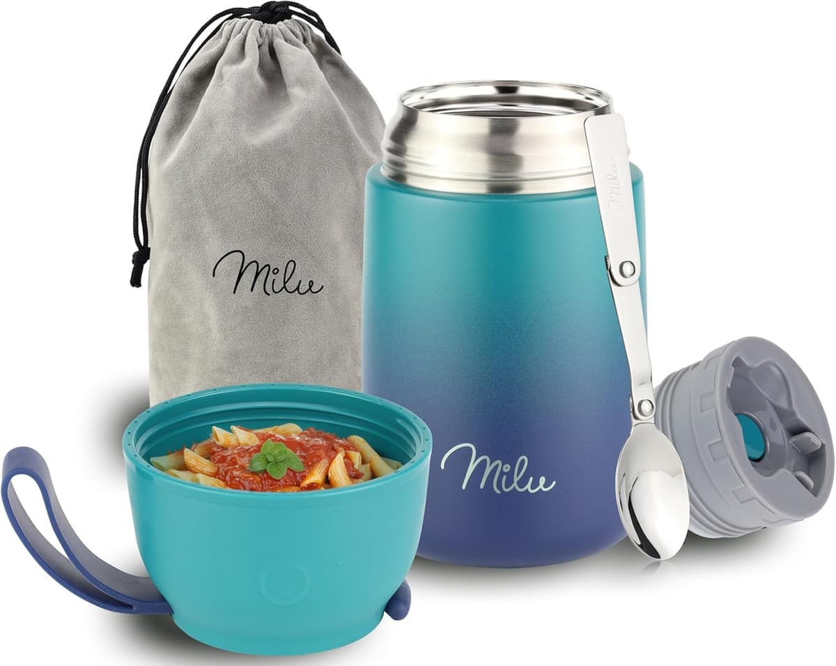 Milu Termo para Comida 450 ml Taza Aislada, Botella de Acero Inoxidable Aislada Alimentos, Beber y sopa de los niños de adultos Térmico (450ml/Verde Azul) — view 50