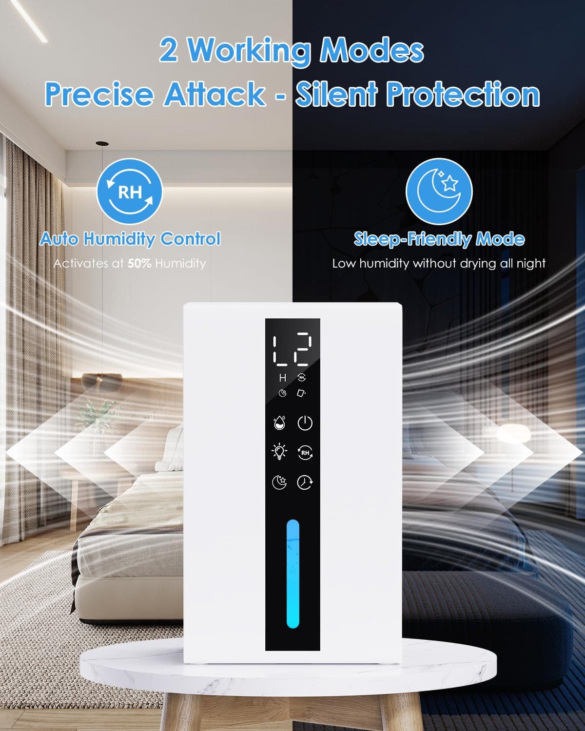 Deshumidificador Bajo Consumo con Tanque de 1.8L, Deshumidificador Electrico Doble Velocidad y Dos Modos, Anticongelante & Apagado por Seguridad, Temporizador y Luz RGB - Ideal para Dormitorios, Baños — view 5