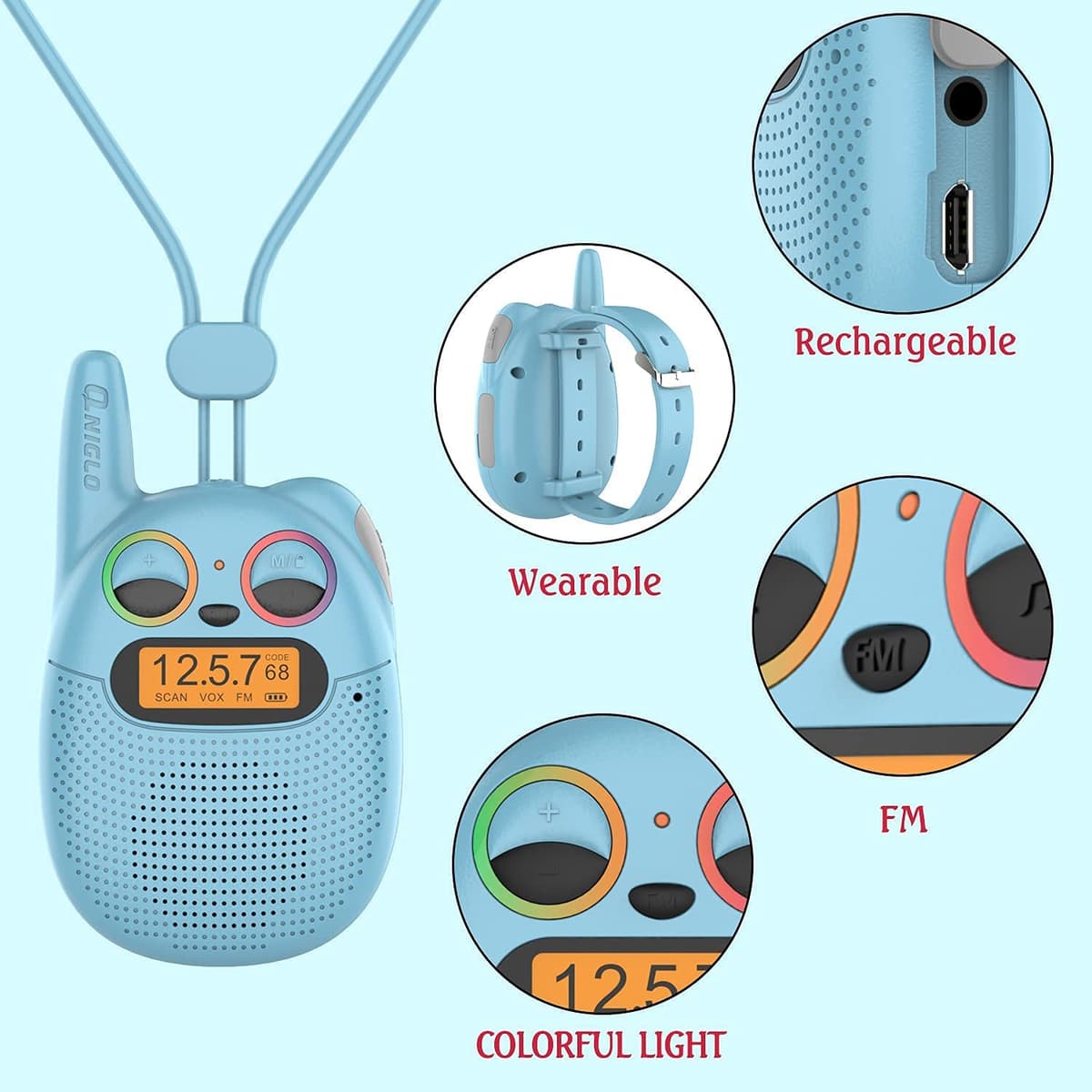 QNIGLO Walkie Talkie Recargable Niños, Se Puede Usar en Muñeca 3 Kilómetros de Largo Alcance 10 Tonos de Llamada Niños o Niñas de 3 a12 Años Regalos de Cumpleaños, para Aventuras Montar en Bicicleta — view 5