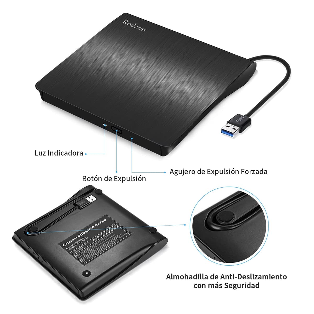 Rodzon Grabadora Externa USB 3.0, Unidades Portátil CD/DVD /-RW/ROM Estable con Lector/Quemador/Re - Quemador para Win 10/8 / 7 / XP/Vista/Linux/Mac OS — view 2