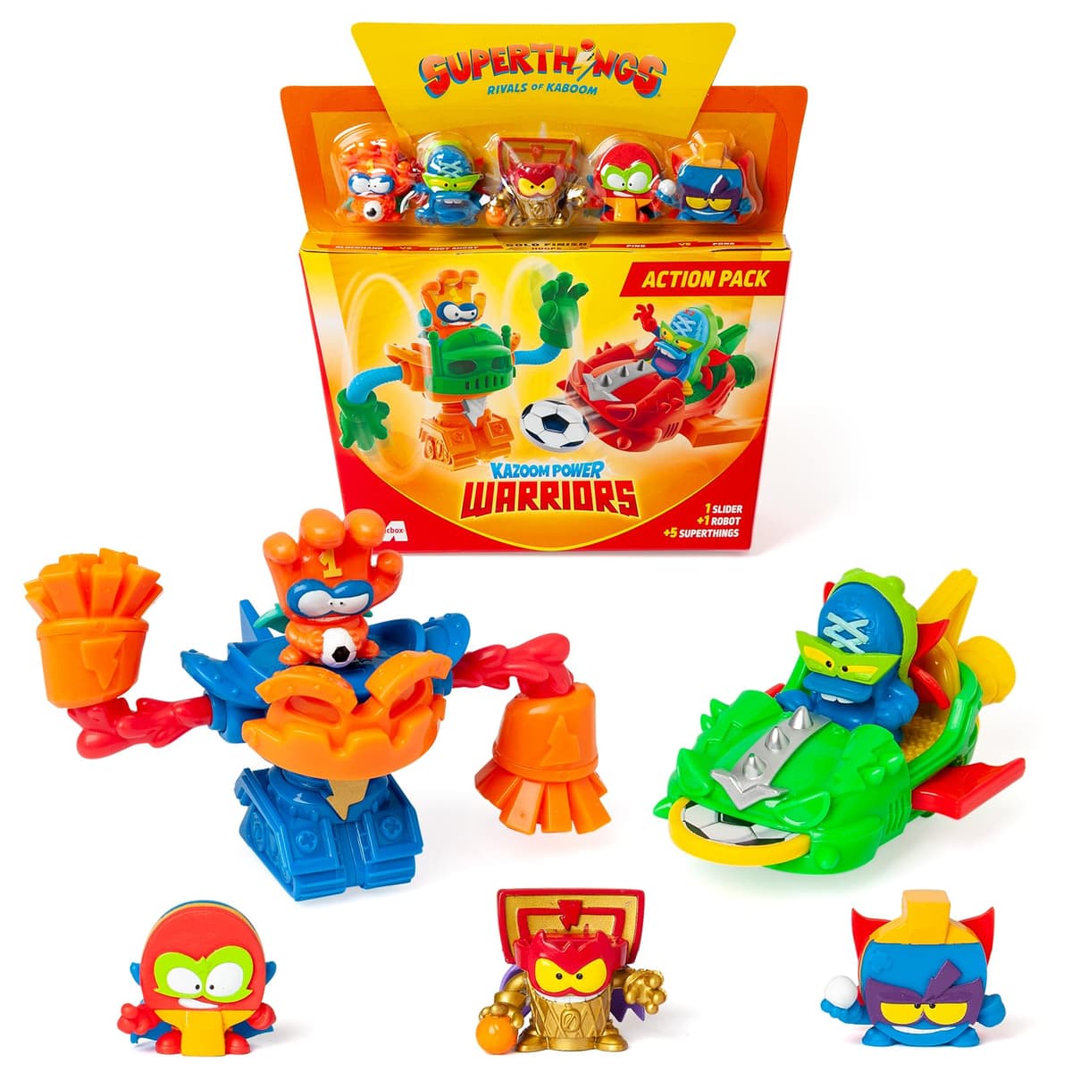 SUPERTHINGS KAZOOM Power Warriors – Action Pack. Contiene 5 Superthings (Incluye 1 capitán Dorado), 1 Robot, 1 Slider. Pack 2 de 4
