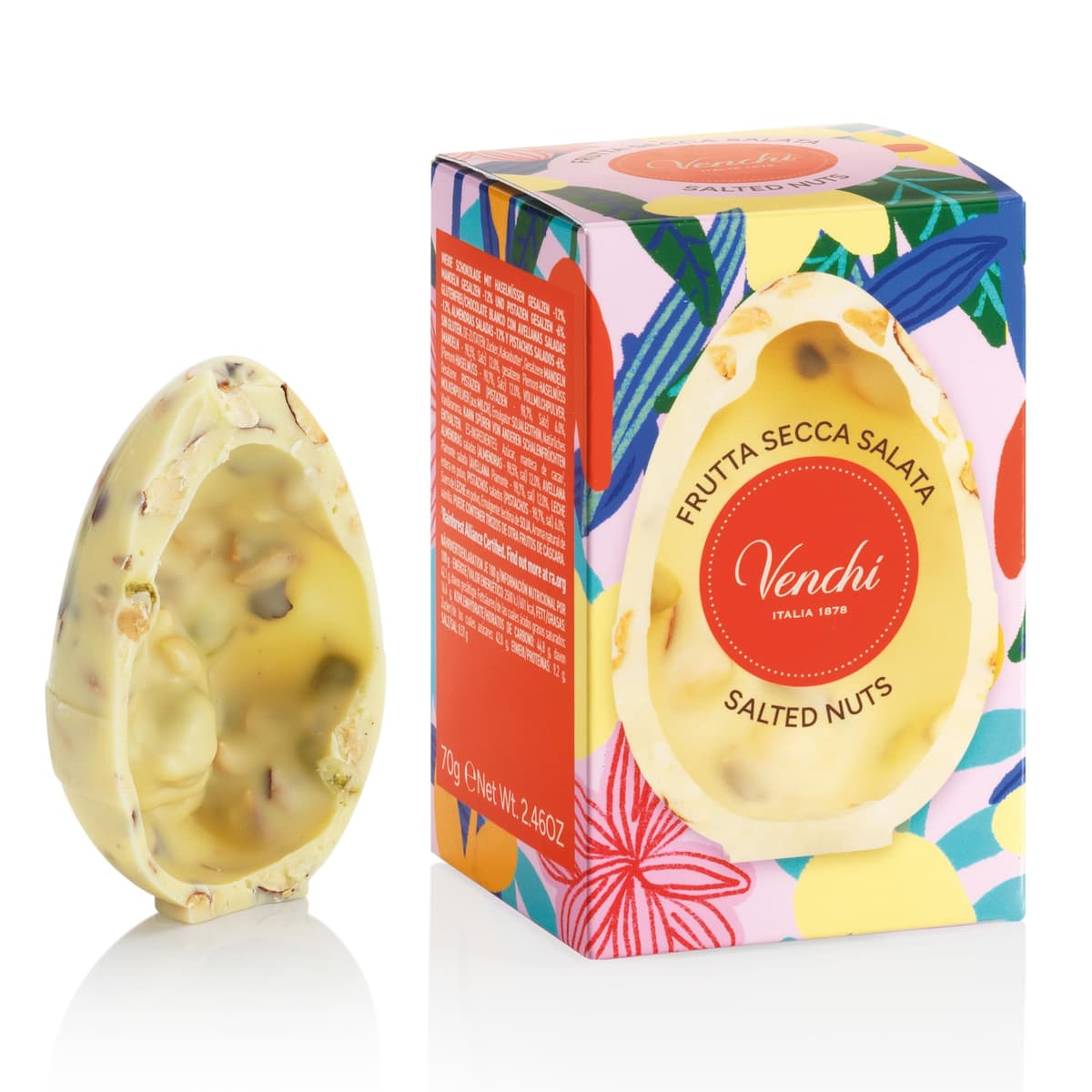 Venchi - Huevo de Chocolate Mignon Blanco Salado, 70 Gr, con Pistachos, Almendras y "Avellana Piamonte", Sin Gluten, Colección de Pascua Venchi, Idea de Regalo