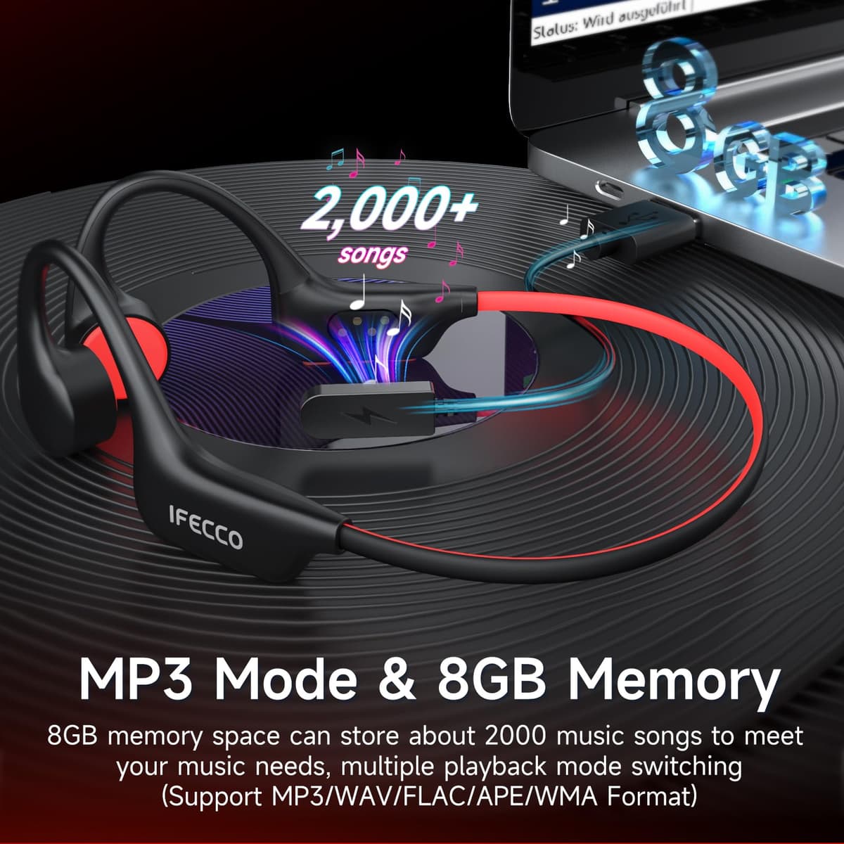 IFECCO Auriculares Conduccion Osea Natacion - IP68 Resistente al Agua Auriculares para Nadar Bluetooth 6.0,Cascos Conduccion Osea con 8G Mp3 para Natacion Correr Ciclismo — view 4