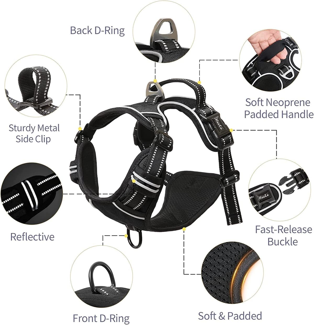 HEELE Dog Harness Medium No Pull Dog Vest Harness with Soft Handle Reflective Pet Harness for Outdoor Training Walking, Black, M — view 8