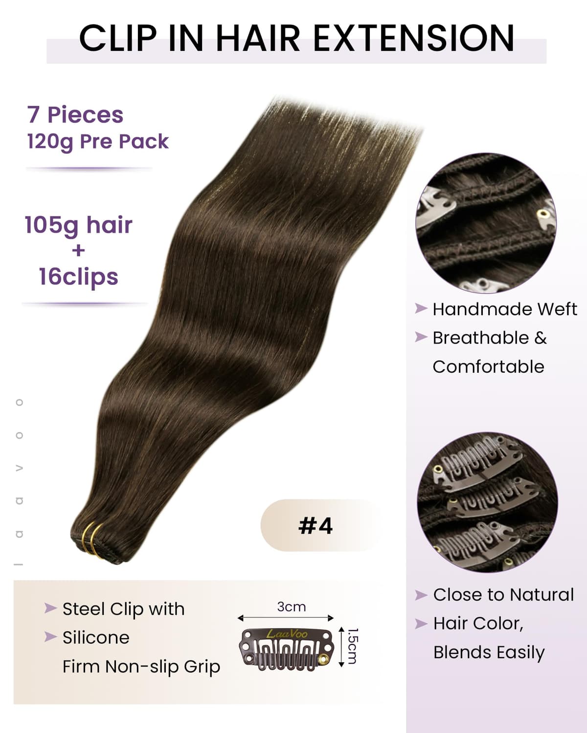 LaaVoo Hair Extensions Clip in Real Human Hair Brown Clip in Hair Extensions Dark Brown Full Head 16 Inch 120g 7pcs Remy Straight Hair Double Weft #4 — view 3