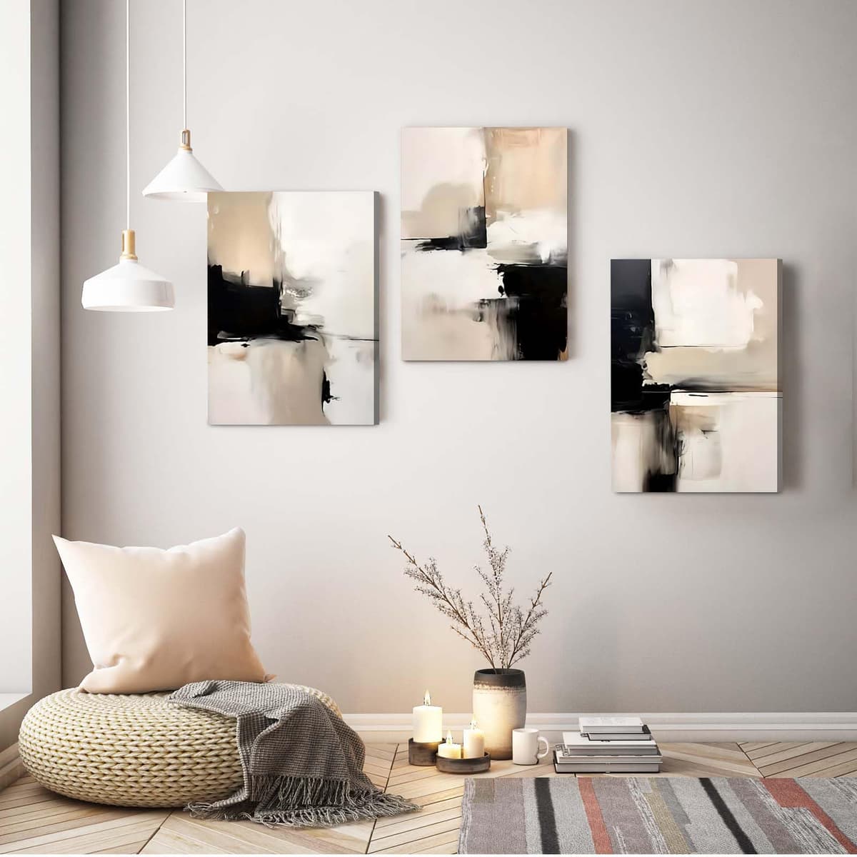 Qiukoo Set of 3 Modern Canvas Wall Art Framed Abstract Prints Waterproof Fabric with Hooks Wall Decoration Artwork Prints for Living Room Bedroom Pictures 12x16 Inch — view 5