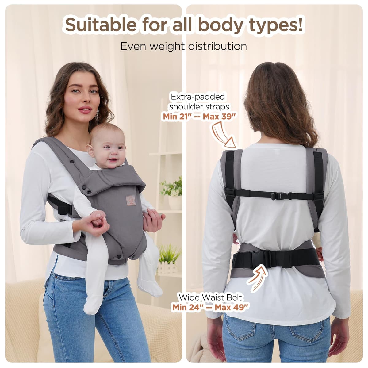 GAGAKU Baby Carier - Portabebés ligero y ergonómico para niños pequeños de 7 a 33 libras, suave y transpirable 4 en 1 con soporte para la cabeza, fácil de llevar, comodidad manos libres, color gris — view 3