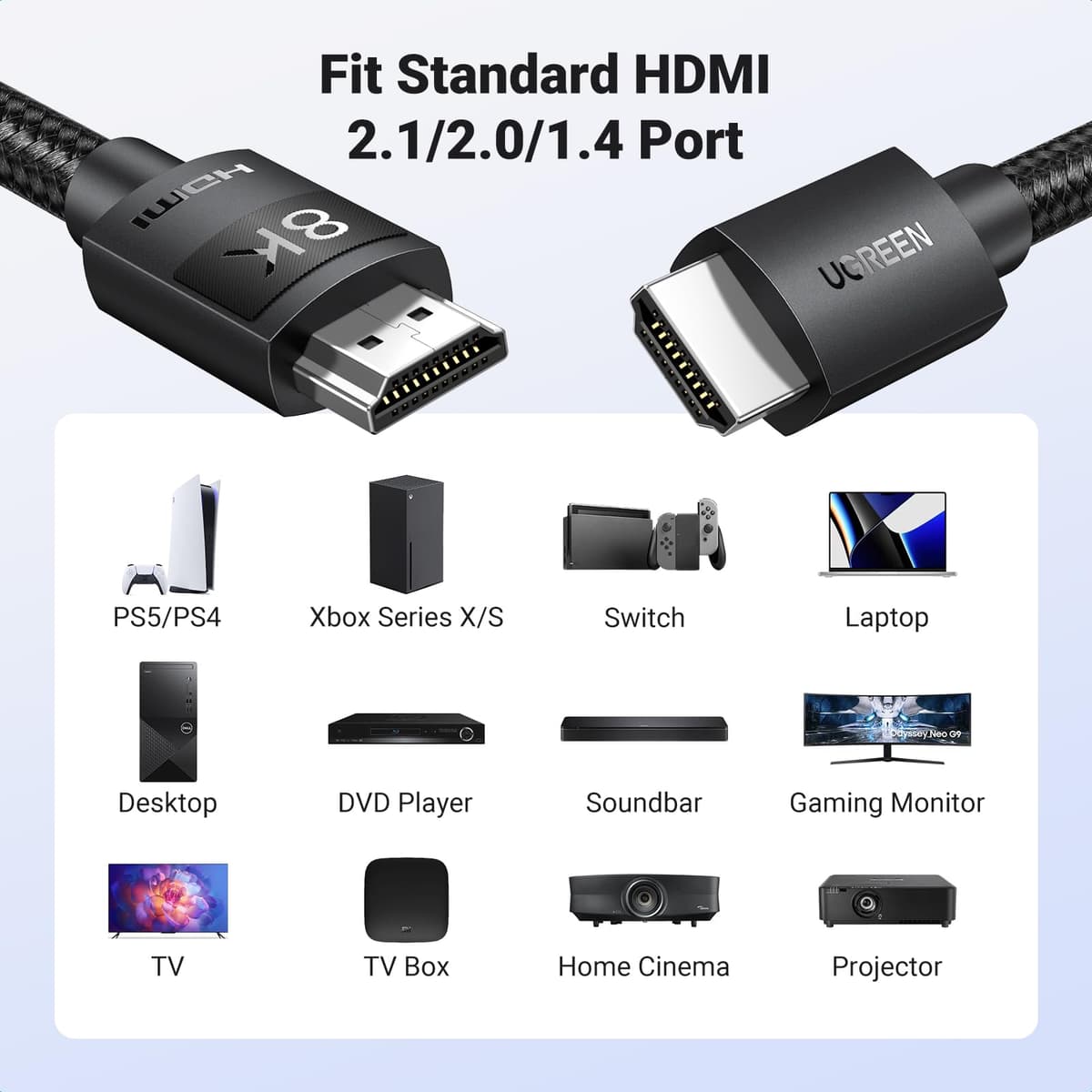UGREEN HDMI 2.1 Cable 10K 8K 4K 1440P@240/165/144/120Hz eARC HDR Ultra High Speed 48Gbps HDCP 2.3 Dolby Atmos Vision Compatible with PS5/4 Xbox Series S/X Soundbar TV Gaming Monitor Laptop PC DVD(2M) — view 7