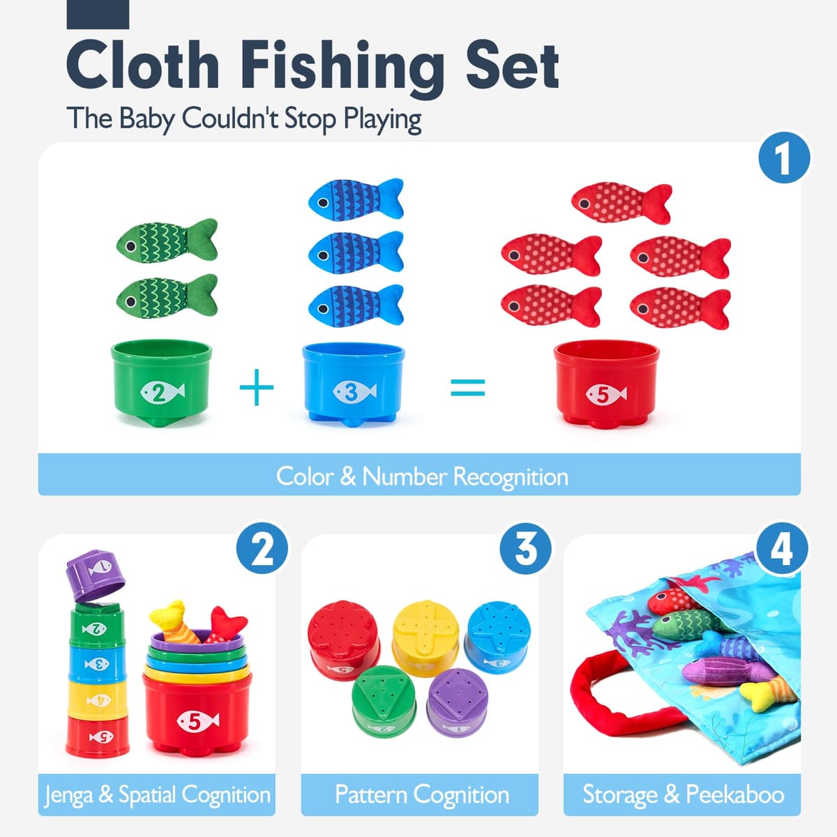 hahaland Montessori Toys for 1 Year Old, 10 in 1 Fabric Fishing Game for Kids Baby Toys for 1 2 3 Year Old Boys Girls, with Stacking Cups- Number Counting, Color Sorting, Shape Learning Baby Gifts — view 4
