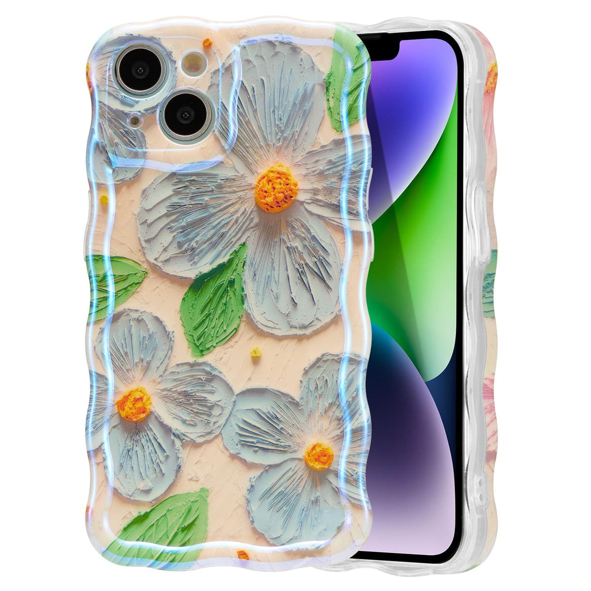 EYZUTAK Case for iPhone 16, Colorful Retro Oil Painting Printed Flower Laser Glossy Pattern Cute Curly Wave Edge Exquisite Phone Cover Stylish Durable TPU Protective Case for Girl Women-Green — view 81