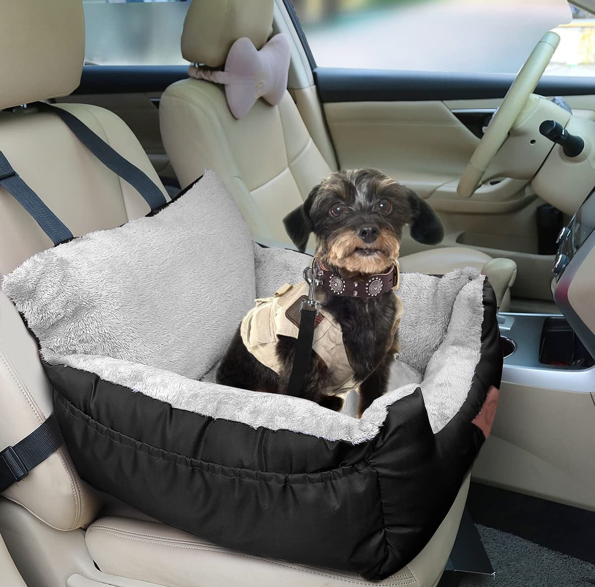 GoFirst Dog Car Seats for Small Dogs or Cats, Pet Booster Seat Travel Bed with Storage Pocket and Clip-On Safety Leash, Waterproof Warm Plush Dog Car Safety Seats,Black — view 5